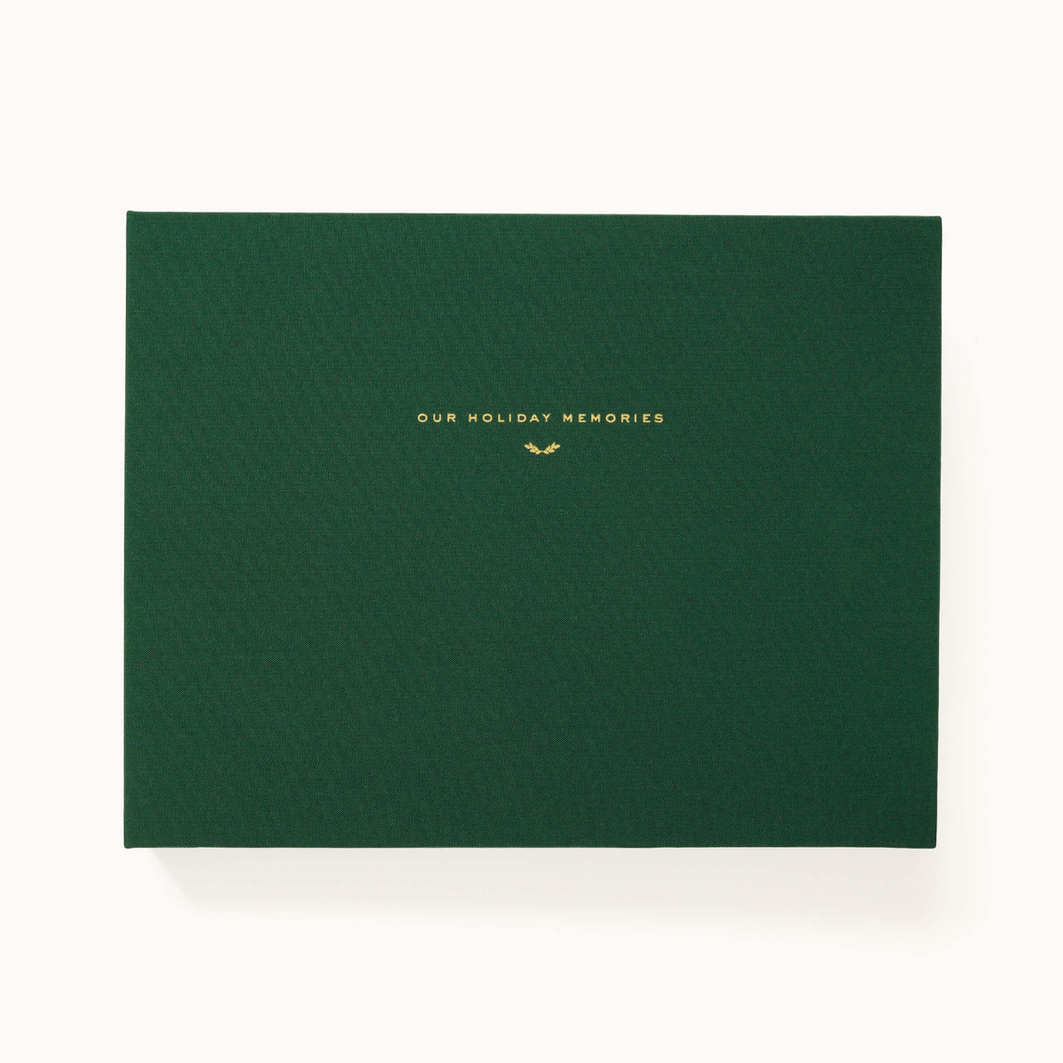 Evergreen Holiday Memories Book, a green linen Christmas card album with gold foil Our Holiday Memories title on the cover
