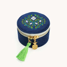 Navy floral travel jewelry organizer with gold zipper and green tassel by Simplified by Emily Ley
