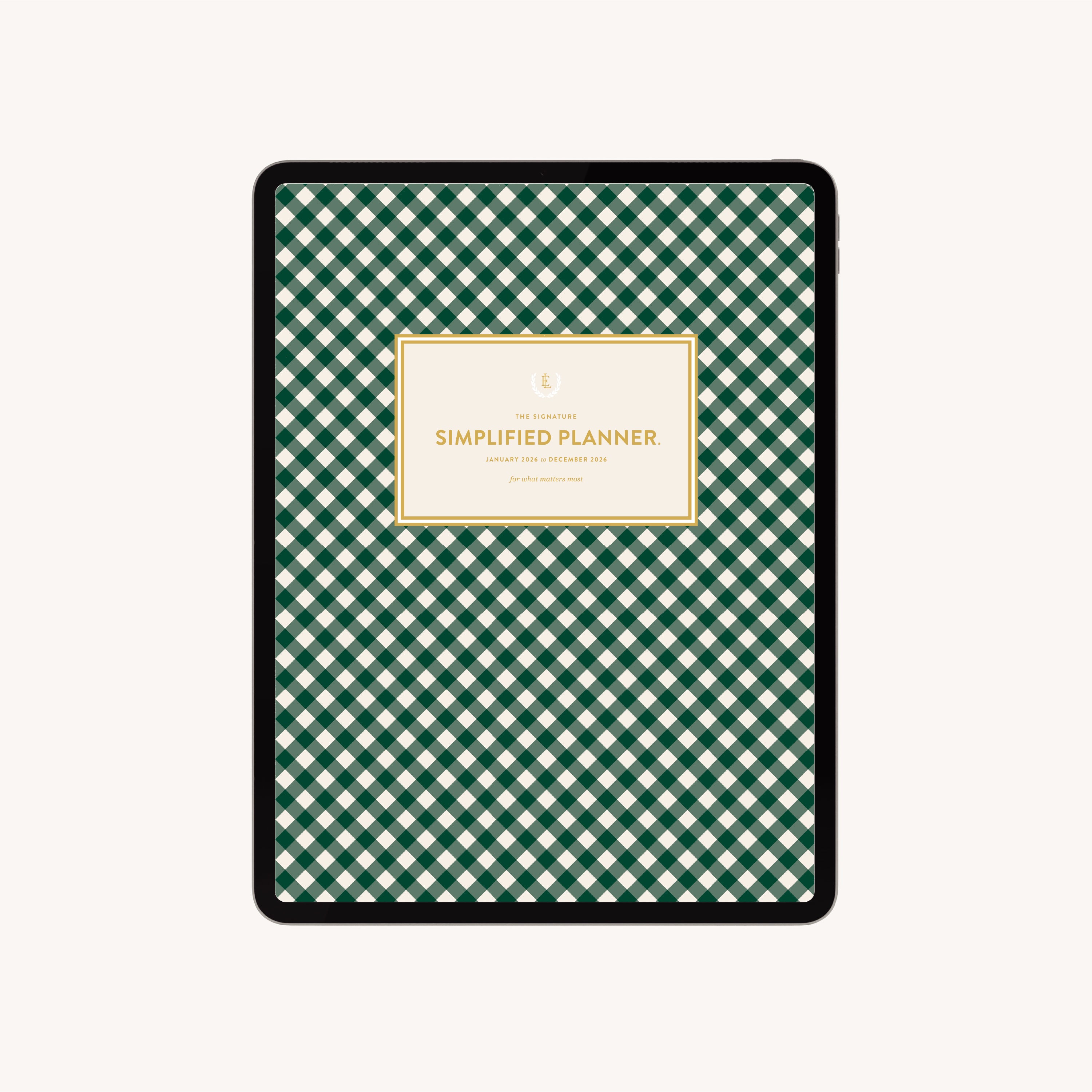 An iPad shows the Simplified 2026 Digital Simplified Planner with a green and white plaid cover and gold-bordered "Simplified Planner" label—ideal as a PDF planner for Goodnotes.