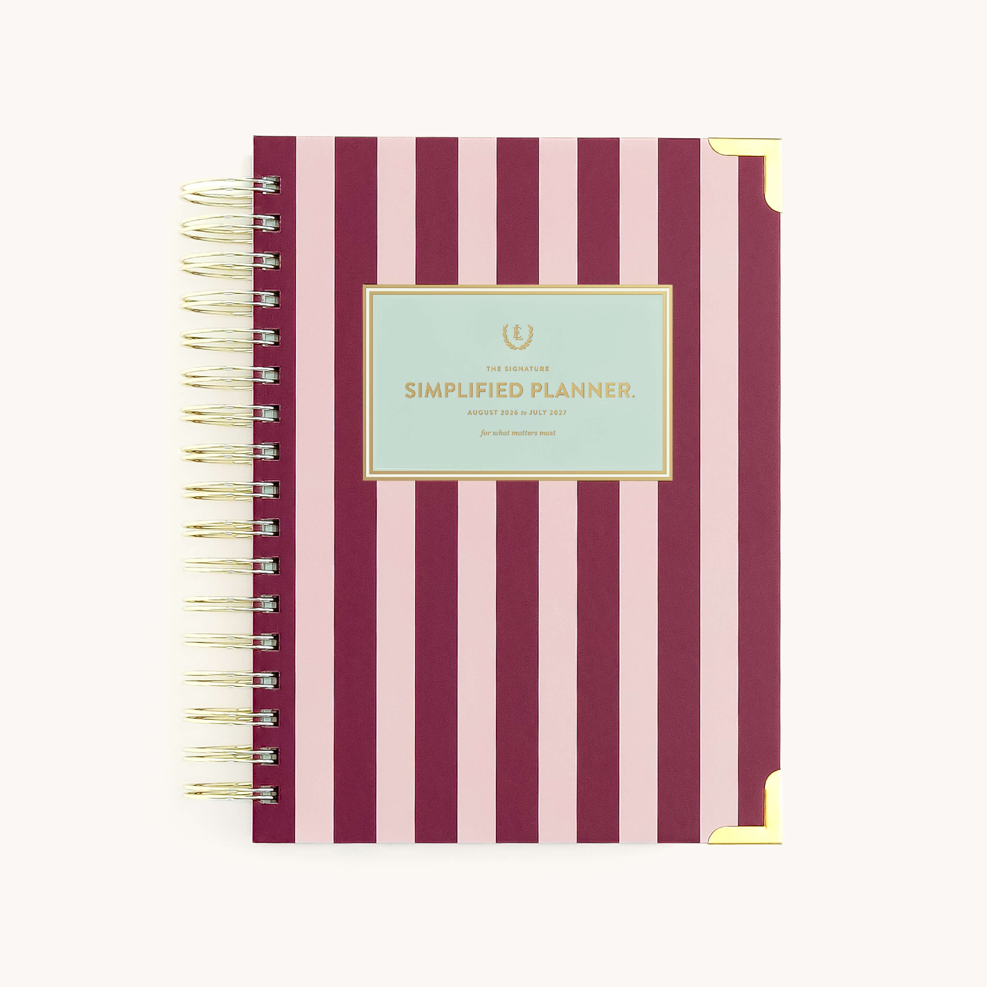 Berry Stripe spiral daily planner with colorful striped cover, gold corners, and durable wire binding for everyday organization