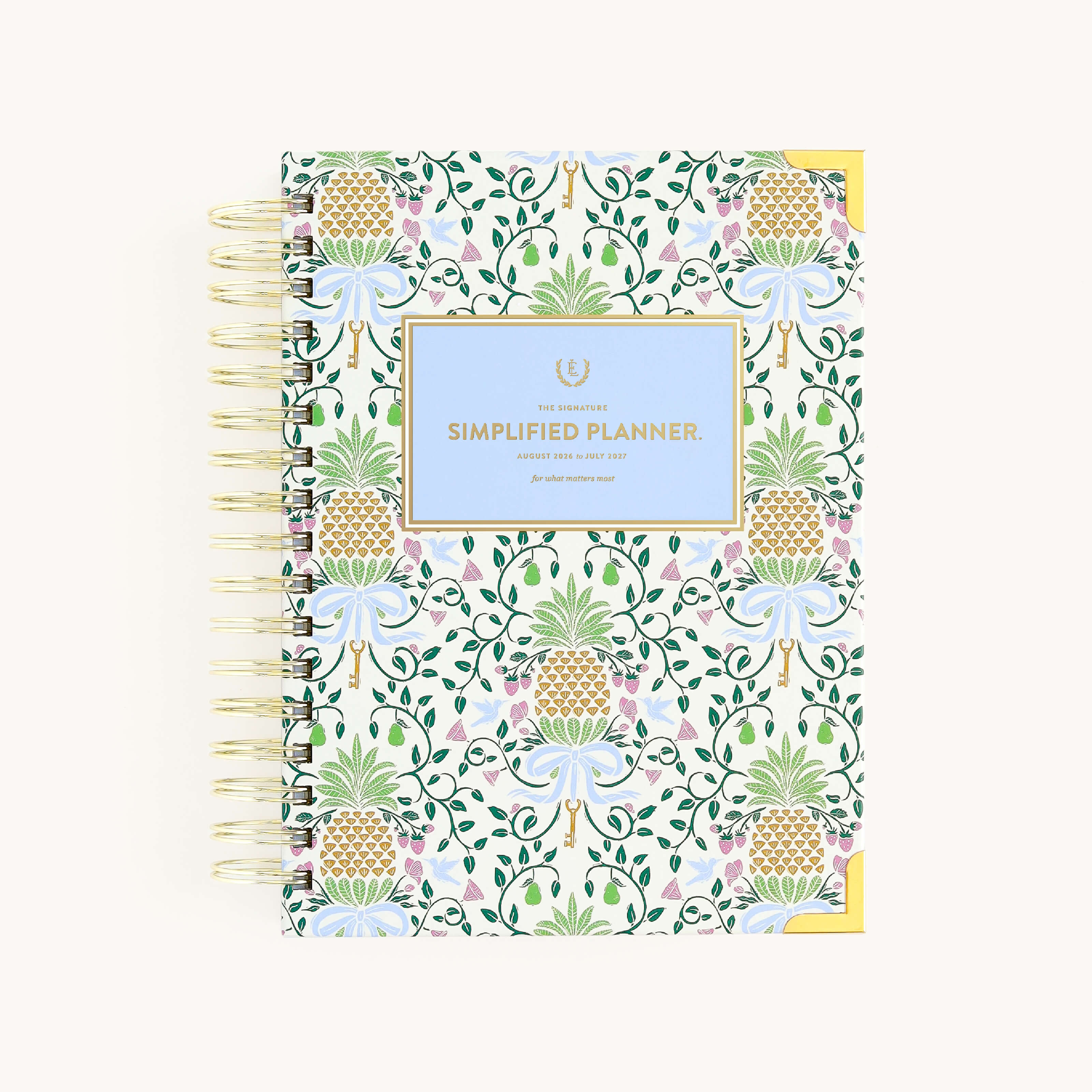 Pineapple Charm spiral daily planner with illustrated Pineapple cover, gold corners, and durable wire binding for everyday planning