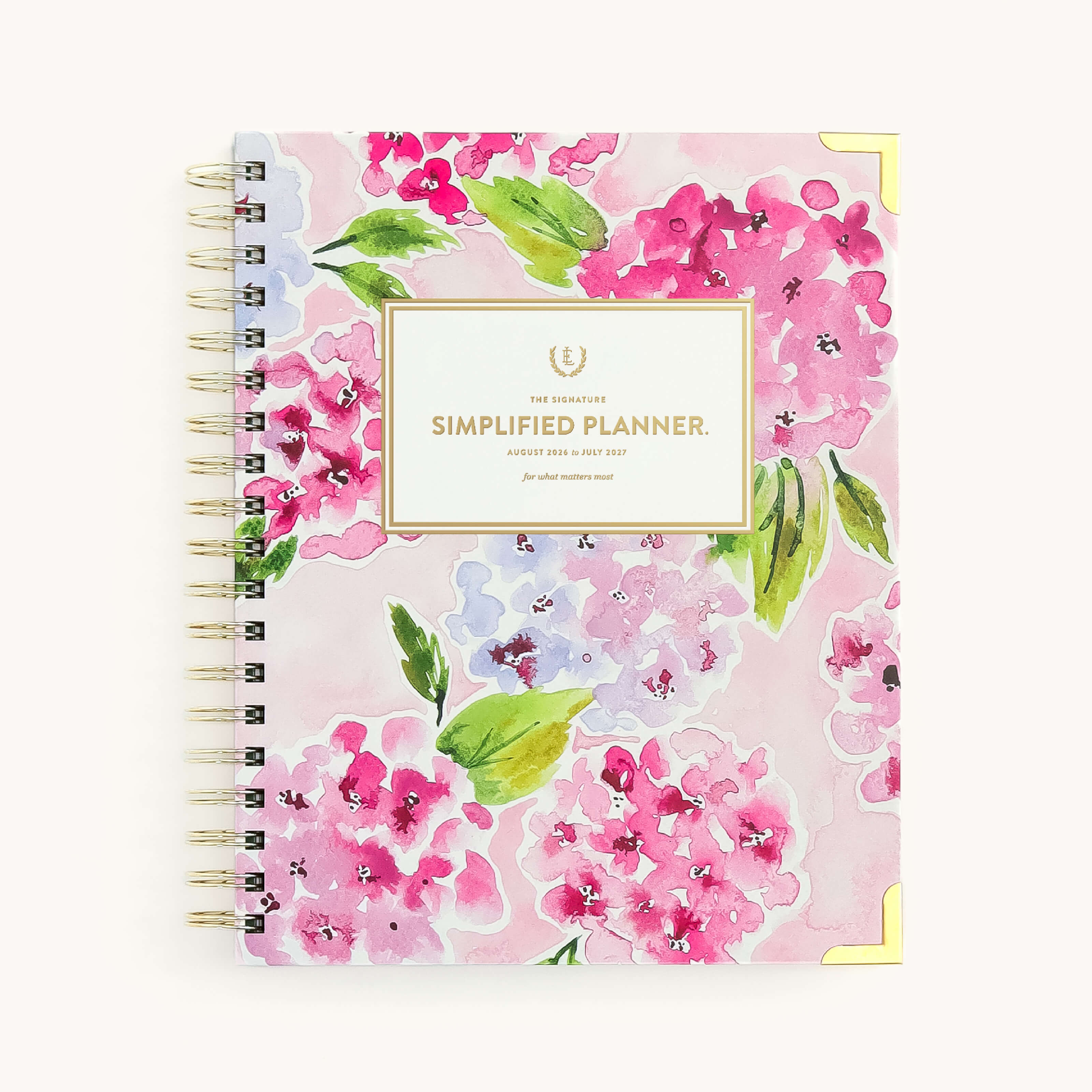 Blush Hydrangea spiral weekly planner with floral cover, gold corners, and wire binding for easy weekly planning