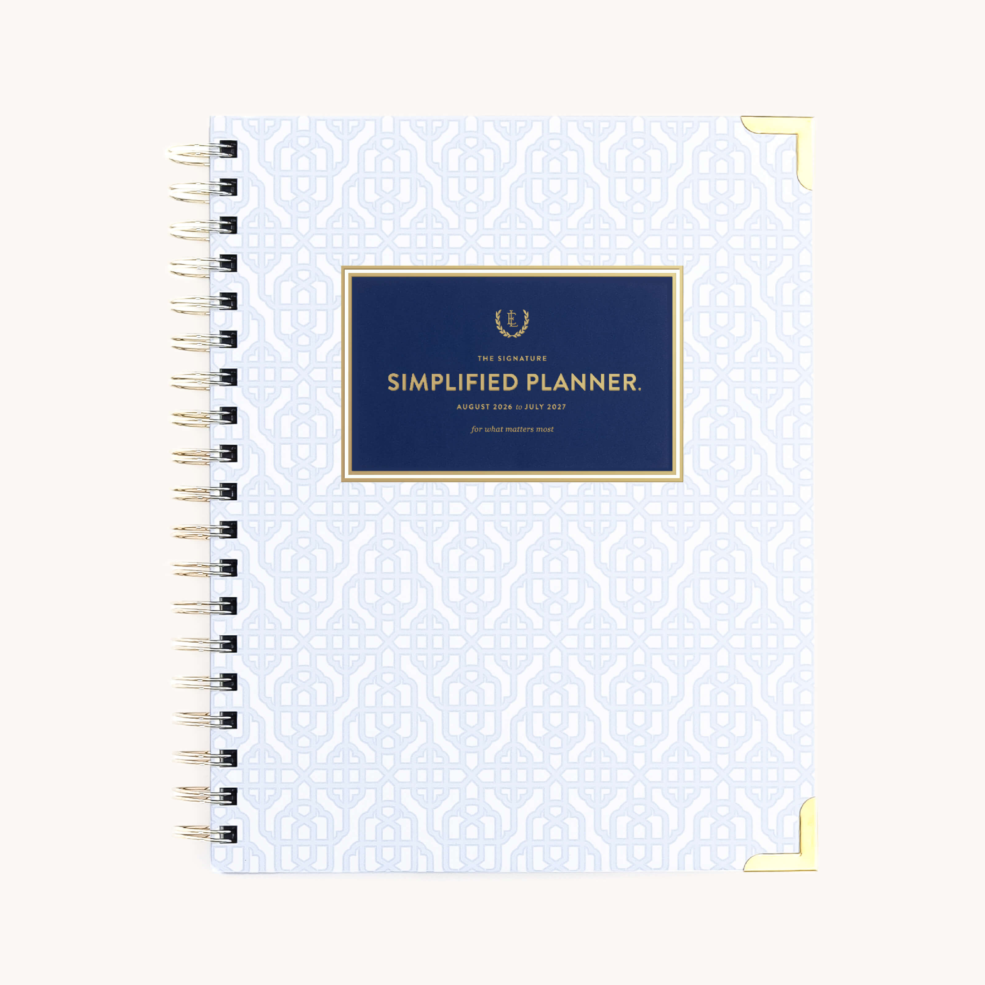 Carolina Trellis spiral weekly planner with geometric cover, gold corners, and wire binding for easy weekly planning