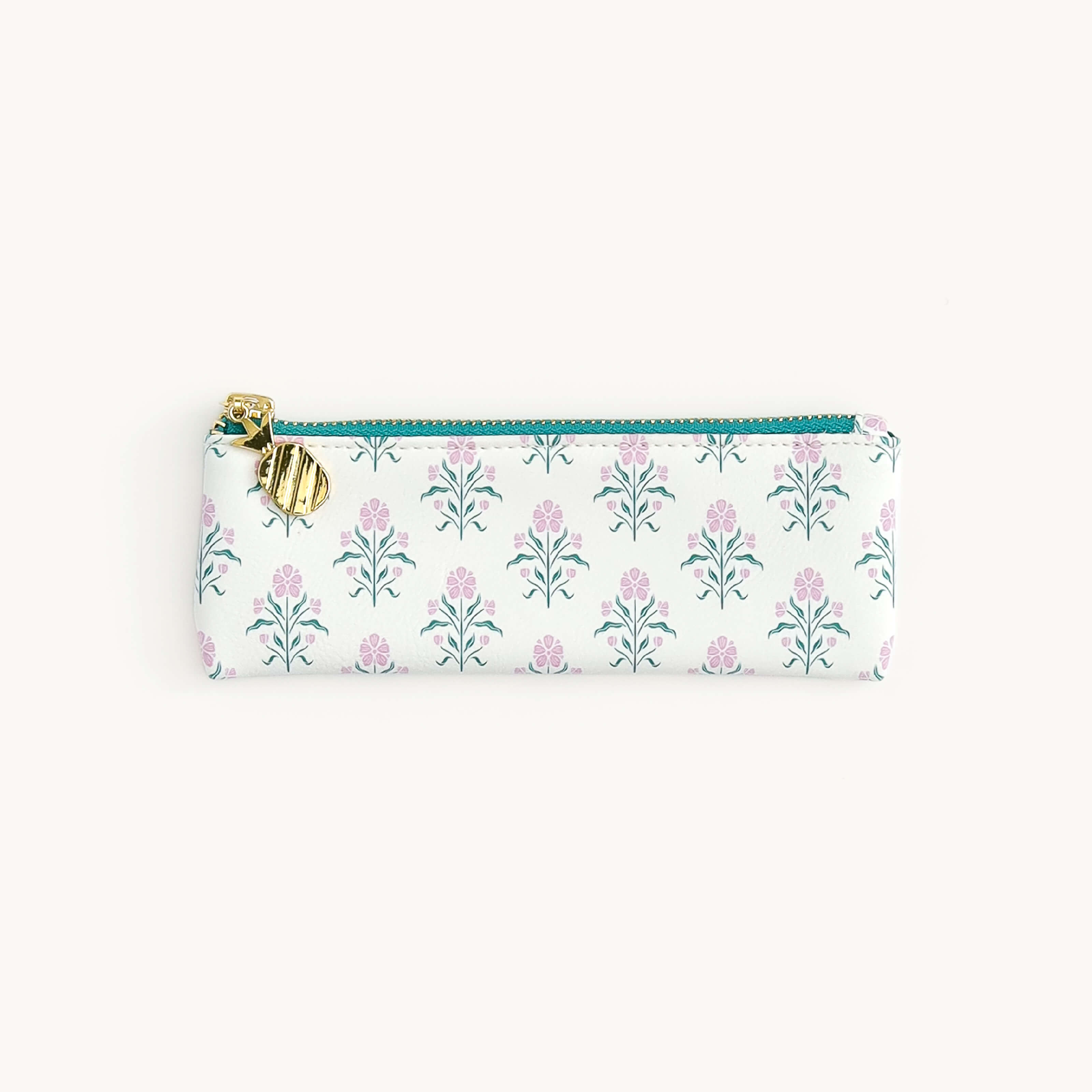 Blush Botanical petite pen case with a gold zipper on a white background