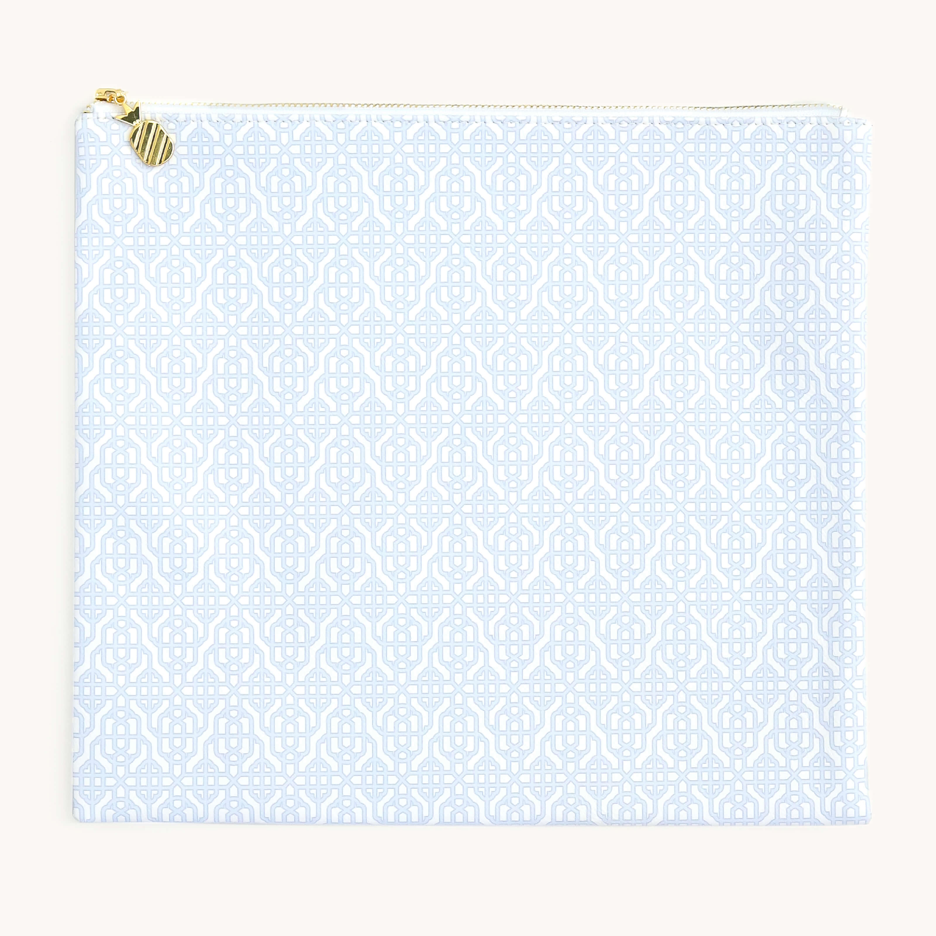 Carolina Trellis planner pouch with classic blue design and gold zipper detail, designed to hold planners and daily essentials