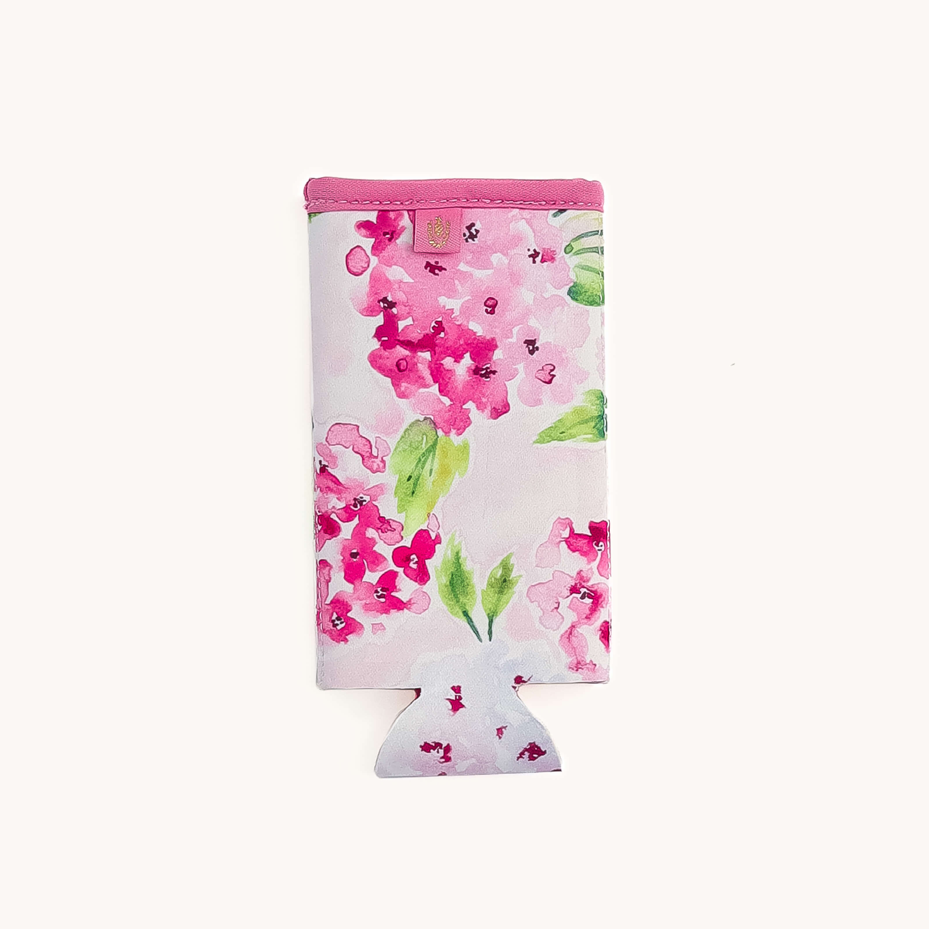 Empty Floral Blush Hydrangea Can Cooler on a white background