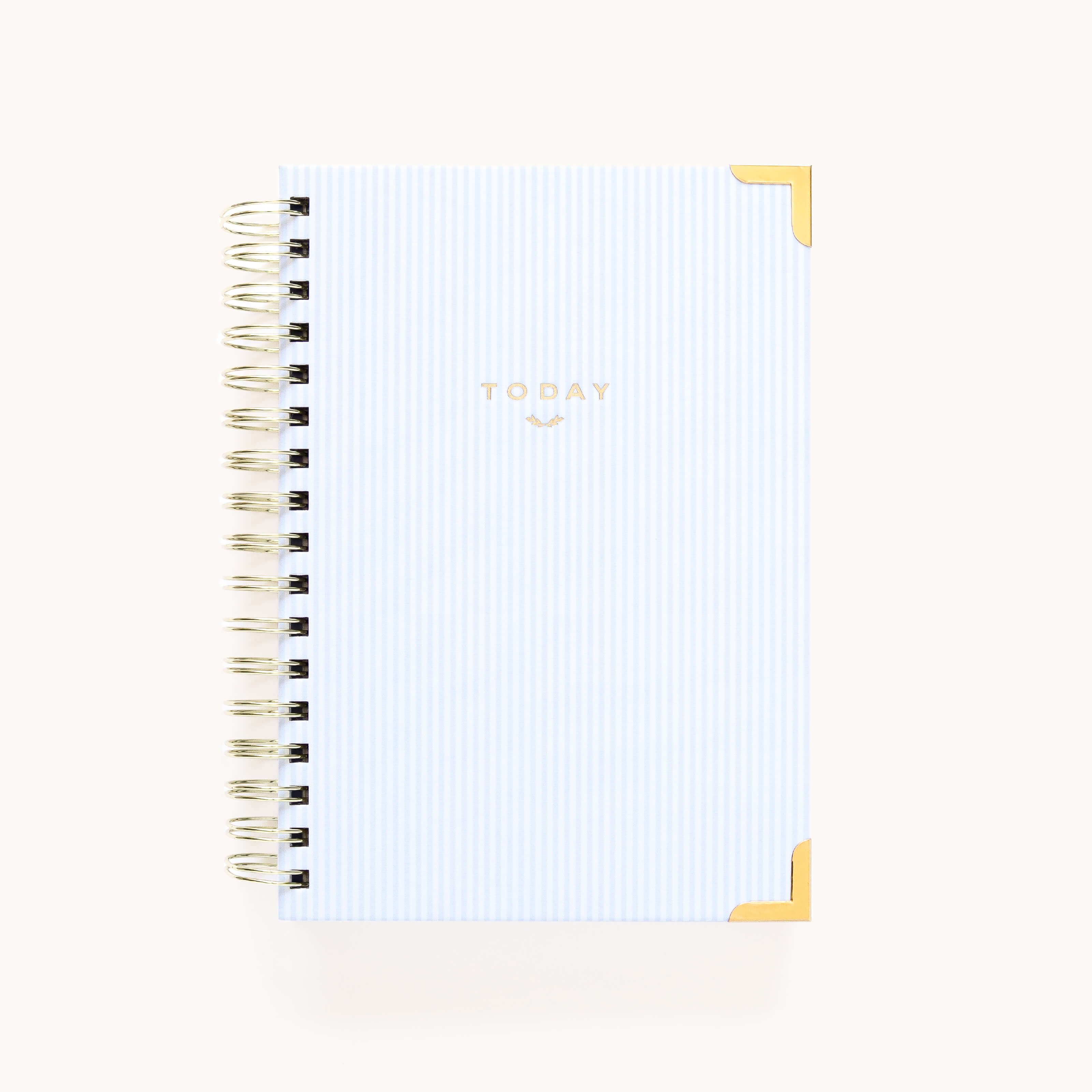 Blue pinstripe spiral undated daily planner with gold corners, durable wire binding, and classic striped cover for timeless organization