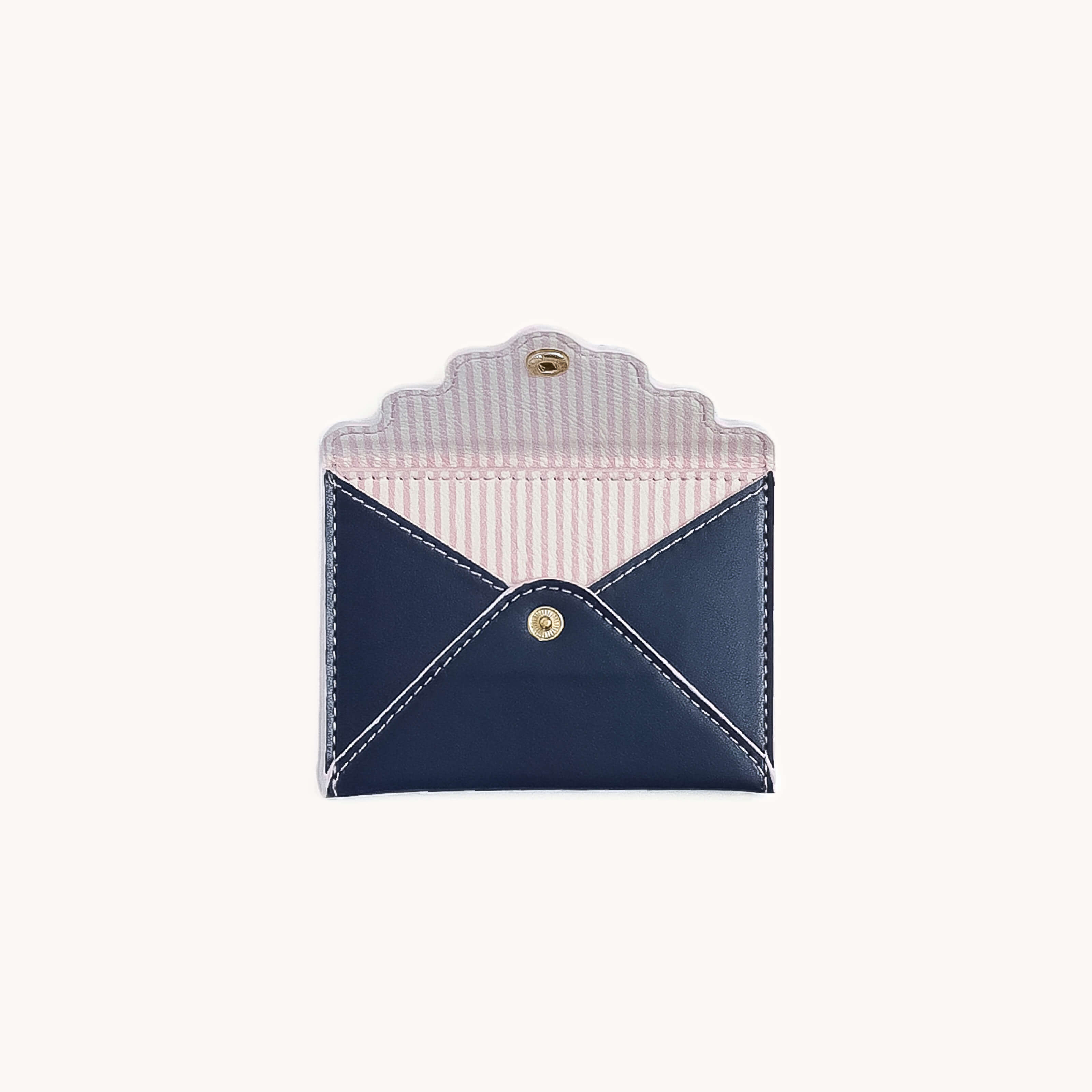 Open navy leatherette mini wallet with compact card holder design by Simplified by Emily Ley