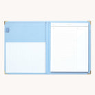 The Simplified Leatherette Folio - French Blue features gold corner protectors, a large left pocket, a removable legal pad with notes column on the right, and an interior with blue and white stripes.