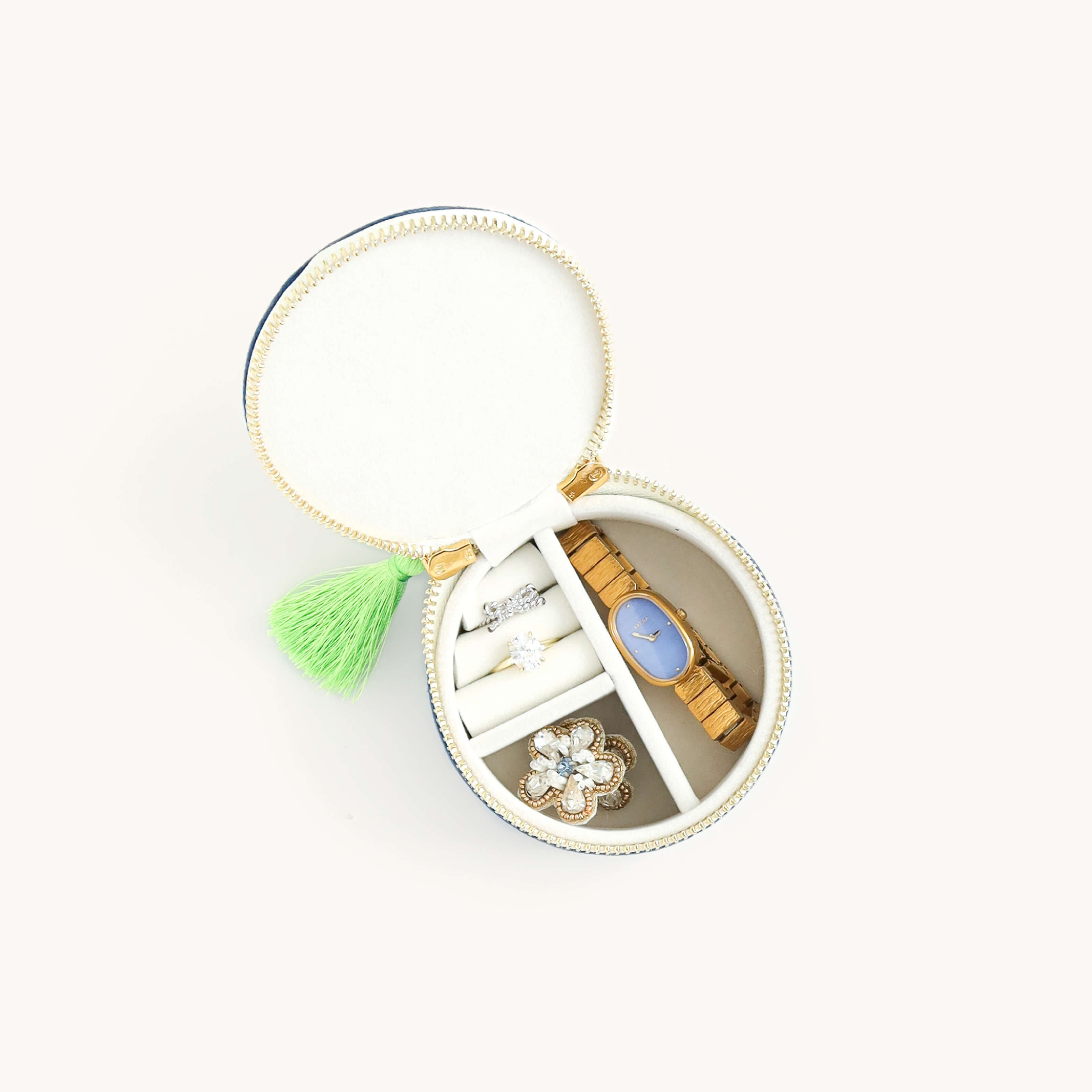 Open navy floral travel jewelry organizer with ring rolls and compartments by Simplified by Emily Ley