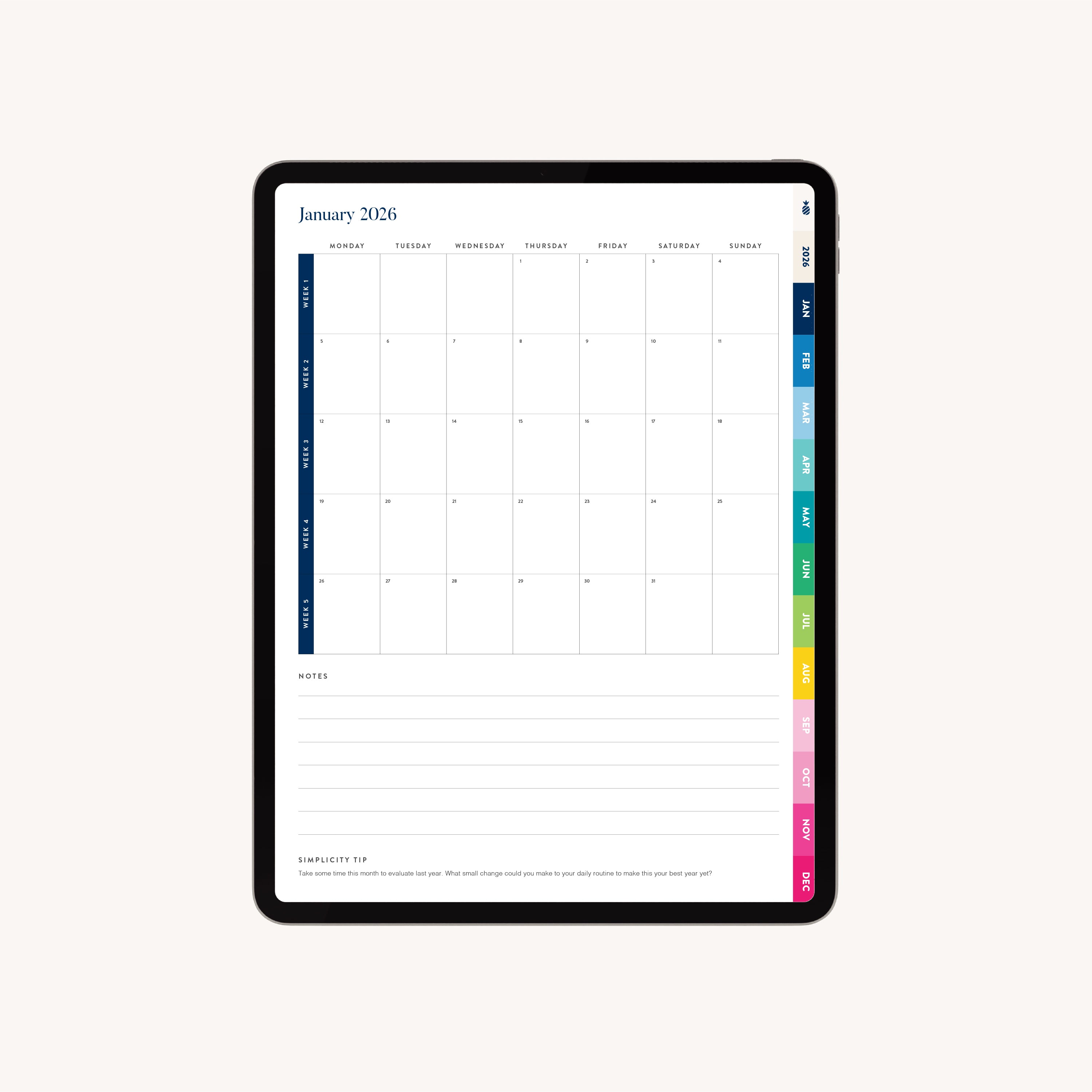 An iPad shows a blank January 2026 monthly calendar from the 2026 Digital Simplified Planner by Simplified, with colorful weekly tabs on the right, a notes section at the bottom, and a productivity tip beneath the notes.
