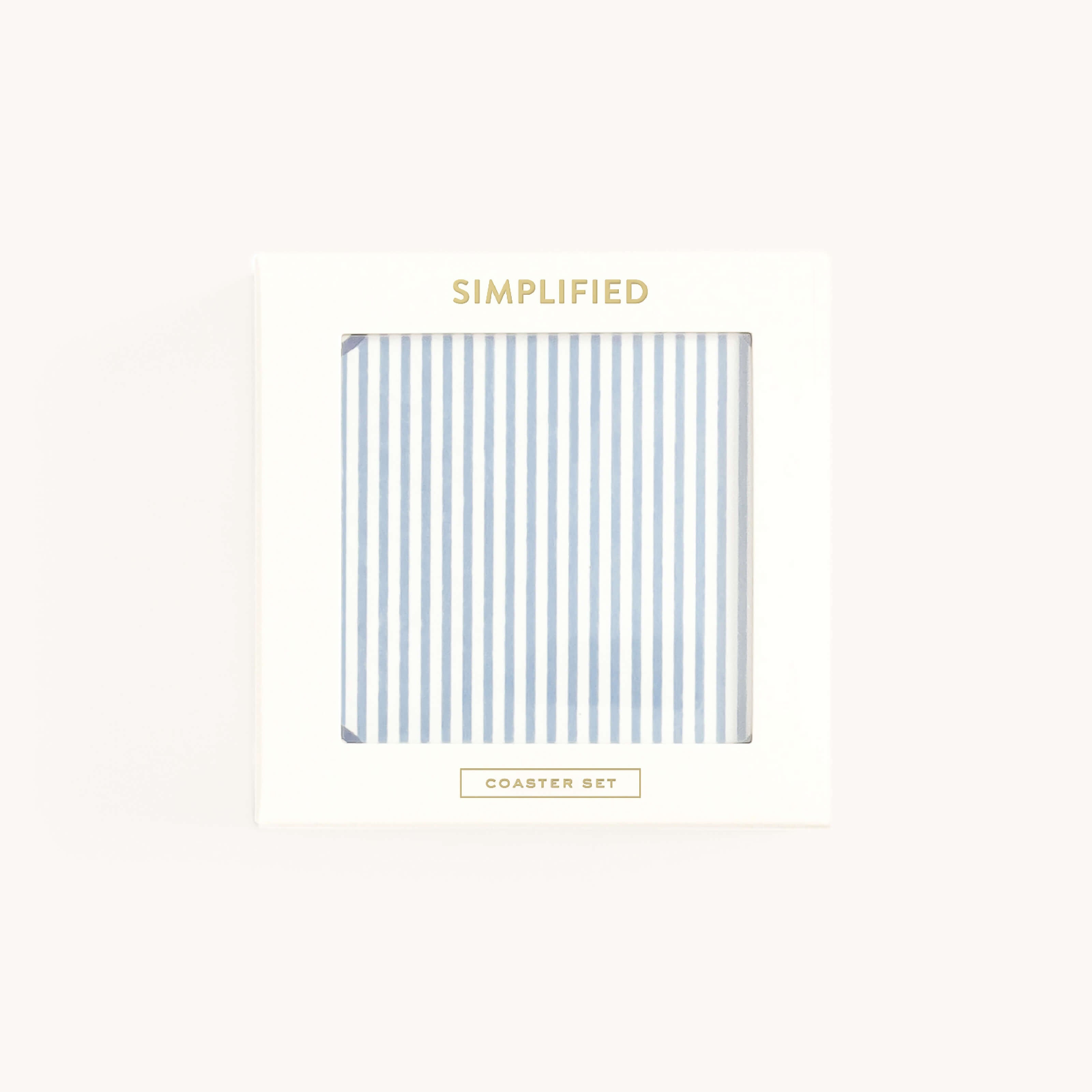 Packaged coaster set with blue and white stripes on a white background
