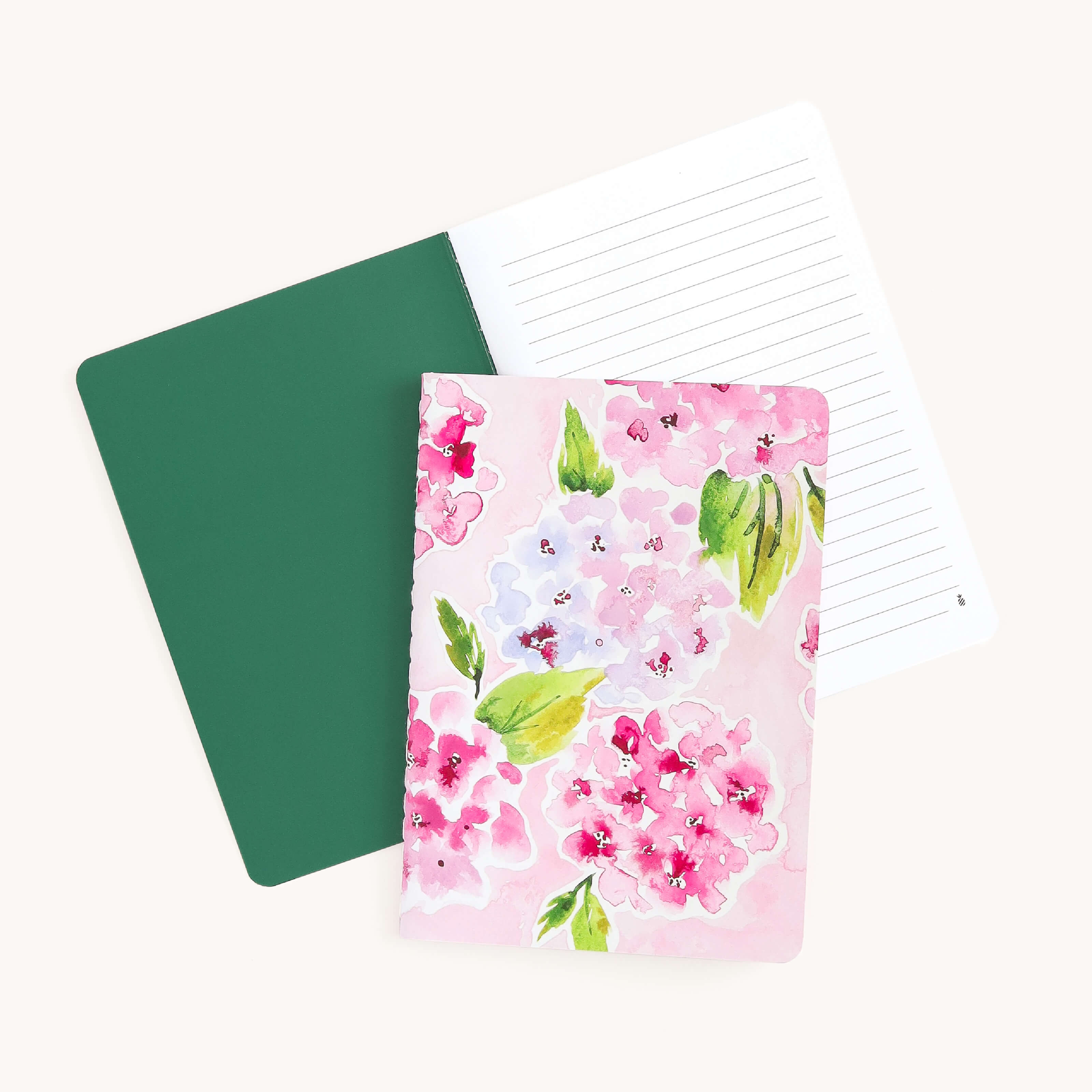 Mini notebook set with Blush Hydrangea cover and lined interior pages for writing notes, lists, and everyday ideas in a simple, clean layout