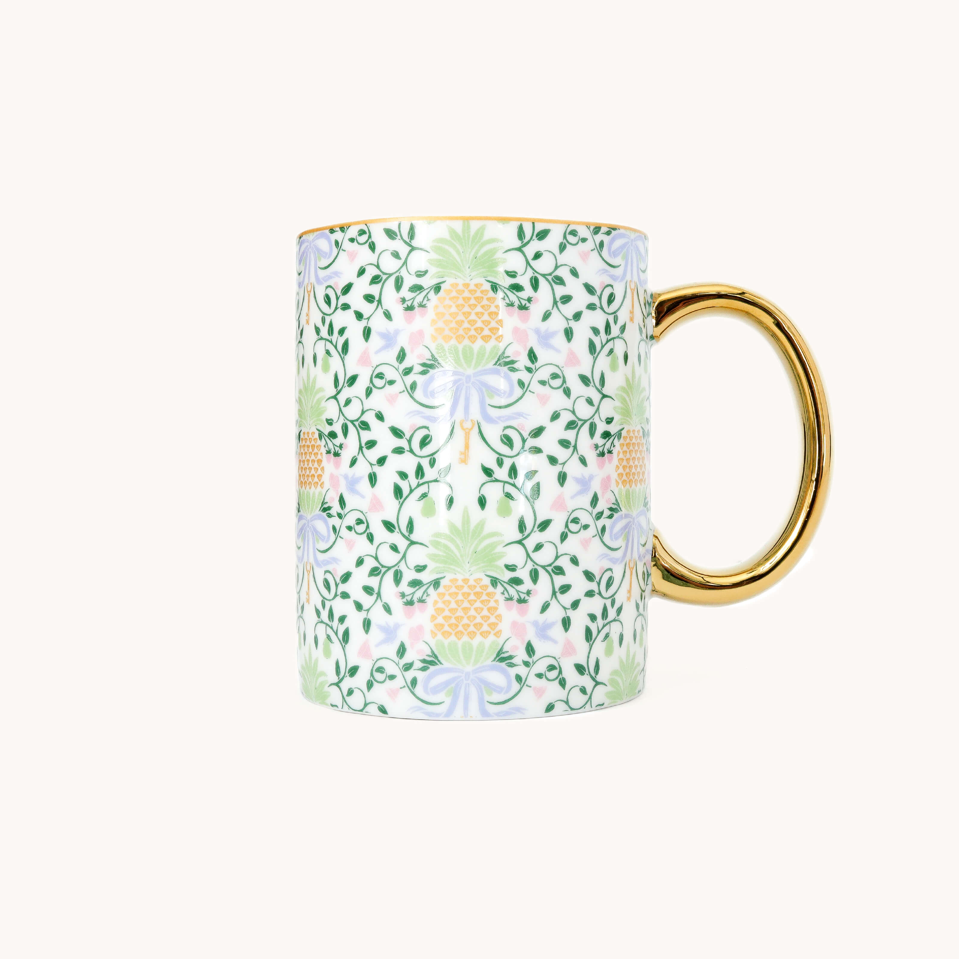Other side of Pineapple Charm mug with pineapple and floral pattern on a white background