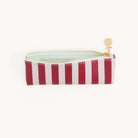 Berry Stripe pencil case with a gold zipper on a white background