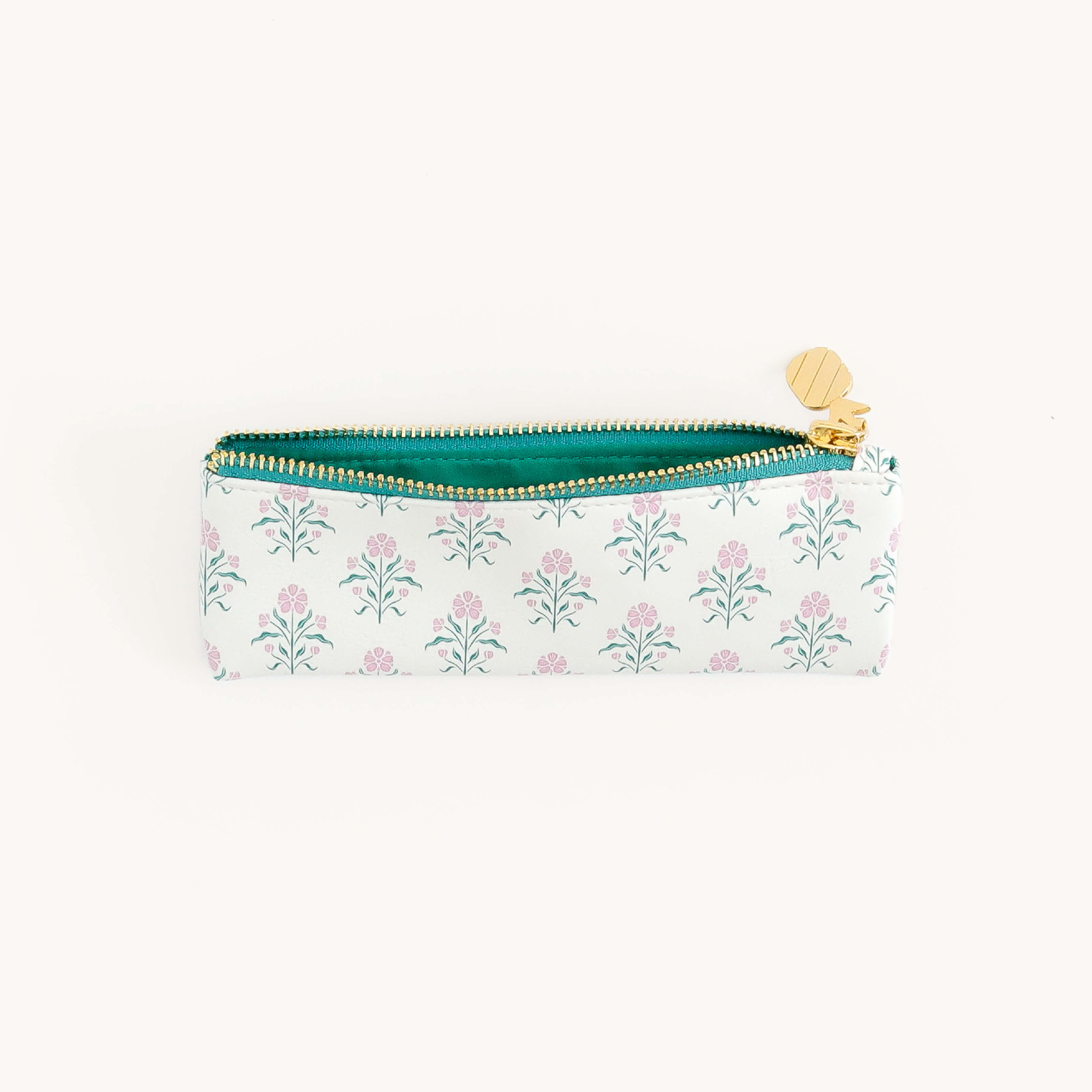 Blush Botanical Petite Pen Case with a green lining and gold zipper on a white background