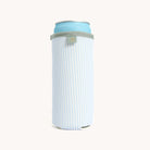 Blue Pinstripe Can Cooler with a can inside on a white background