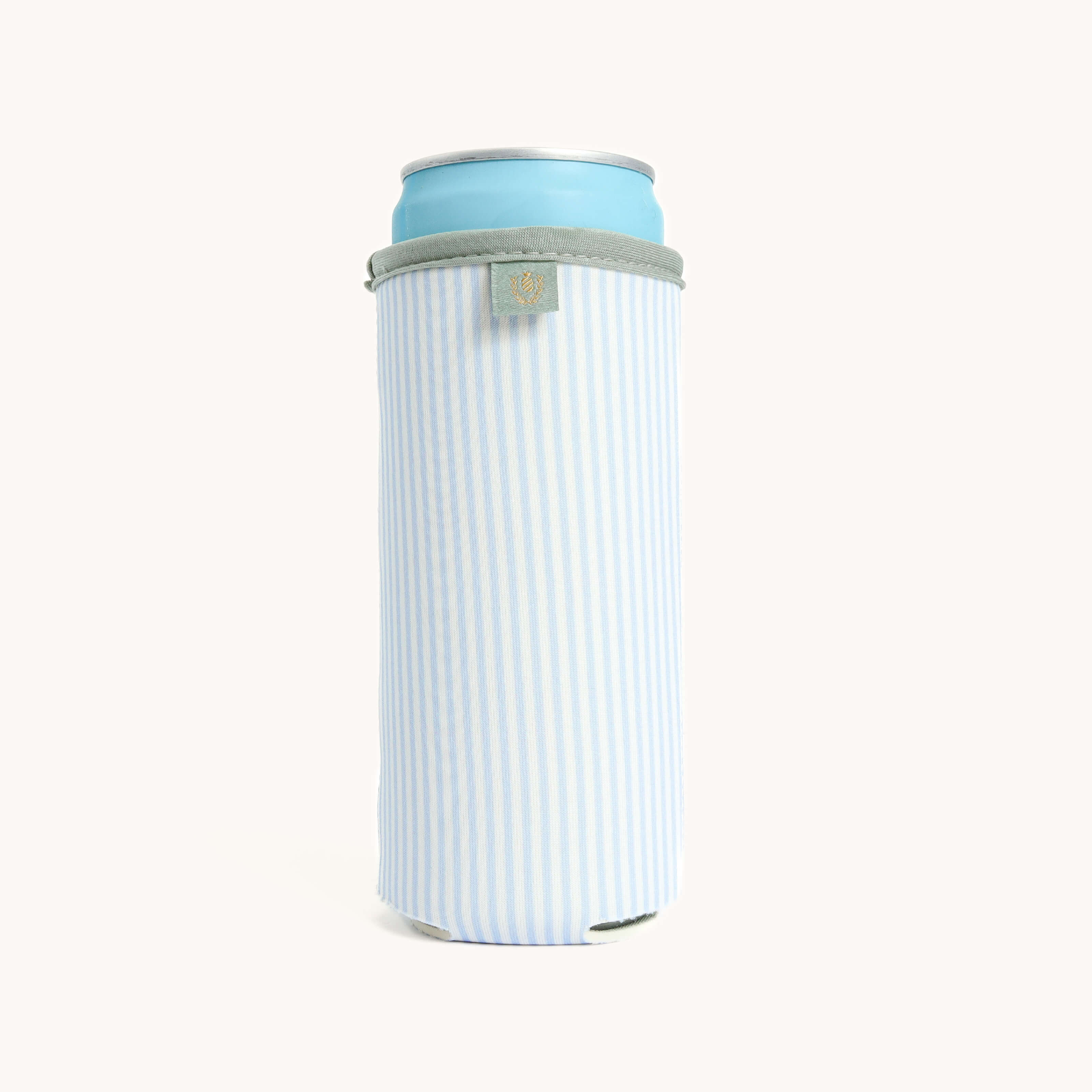 Blue Pinstripe Can Cooler with a can inside on a white background