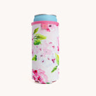 Floral Blush Hydrangea Can Cooler with a can inside on a white background