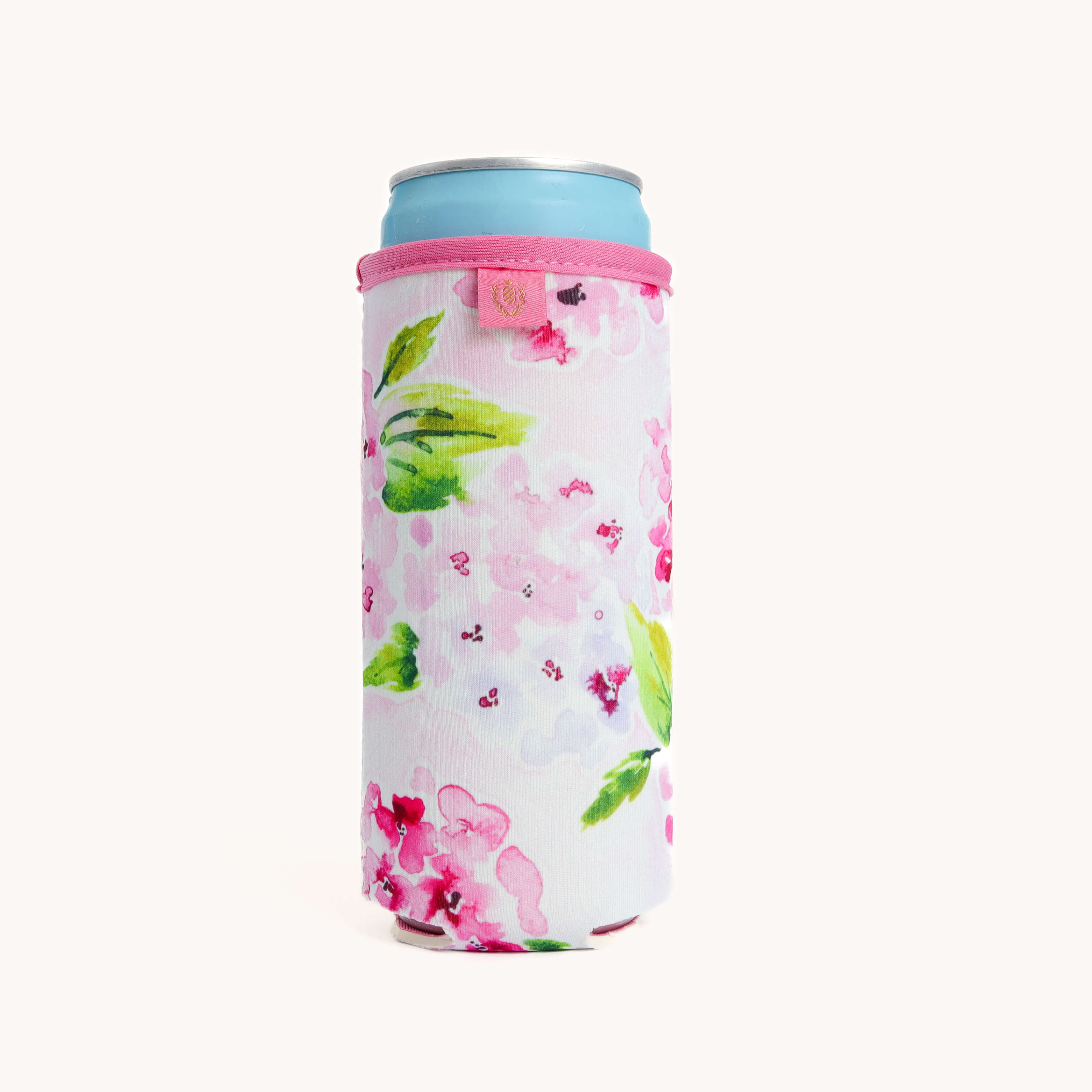 Floral Blush Hydrangea Can Cooler with a can inside on a white background