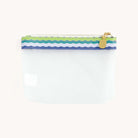 Gold zipper detail on colorful wavy stripe cosmetic bag – durable travel makeup case with premium hardware