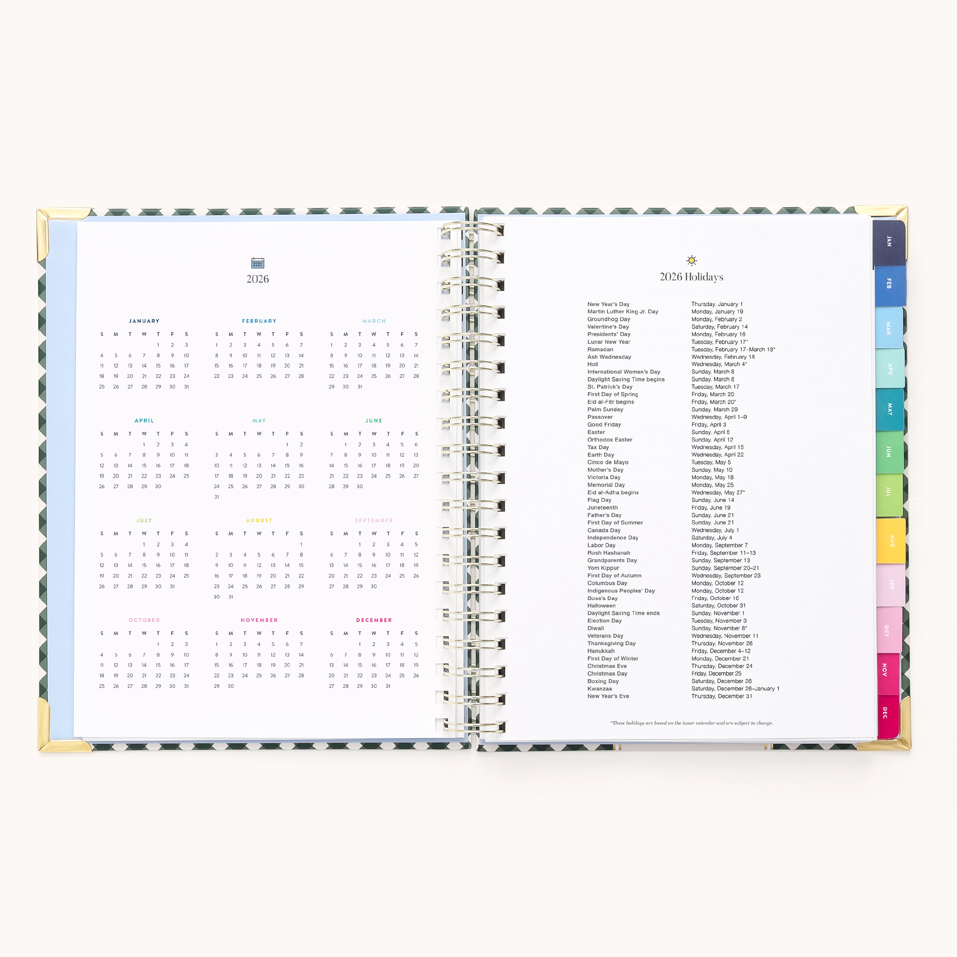 The 2026 Spiral Weekly Simplified Planner - Camp Gingham by Simplified features a yearly calendar and holiday list, both for 2026, with colored tab dividers for organization—a timeless choice for your weekly planning needs.