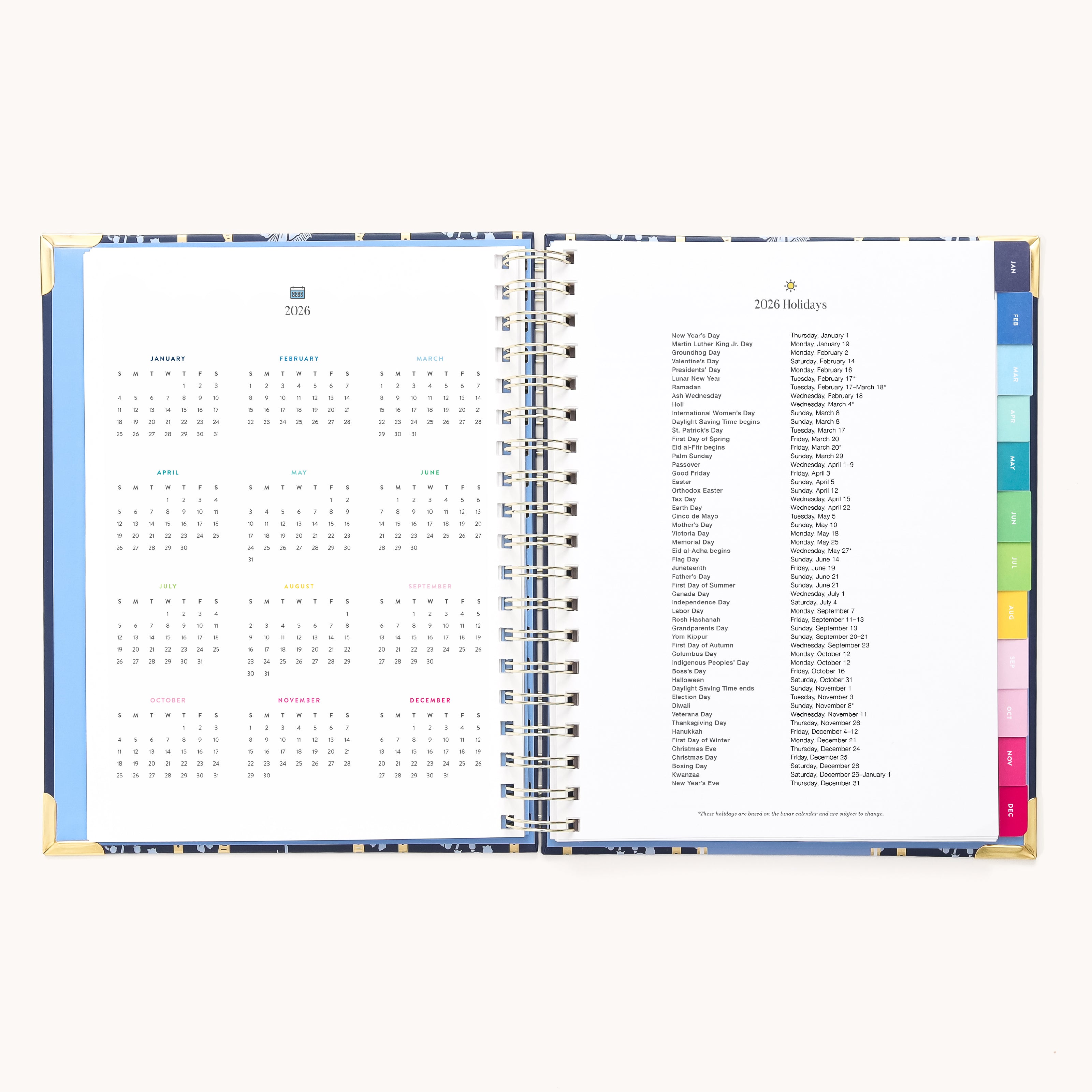 The 2026 Spiral Weekly Simplified Planner – Poppy Posies by Simplified features a yearly calendar on the left, a list of 2026 holidays on the right, and colorful tab dividers—showcasing this timeless weekly planner style.