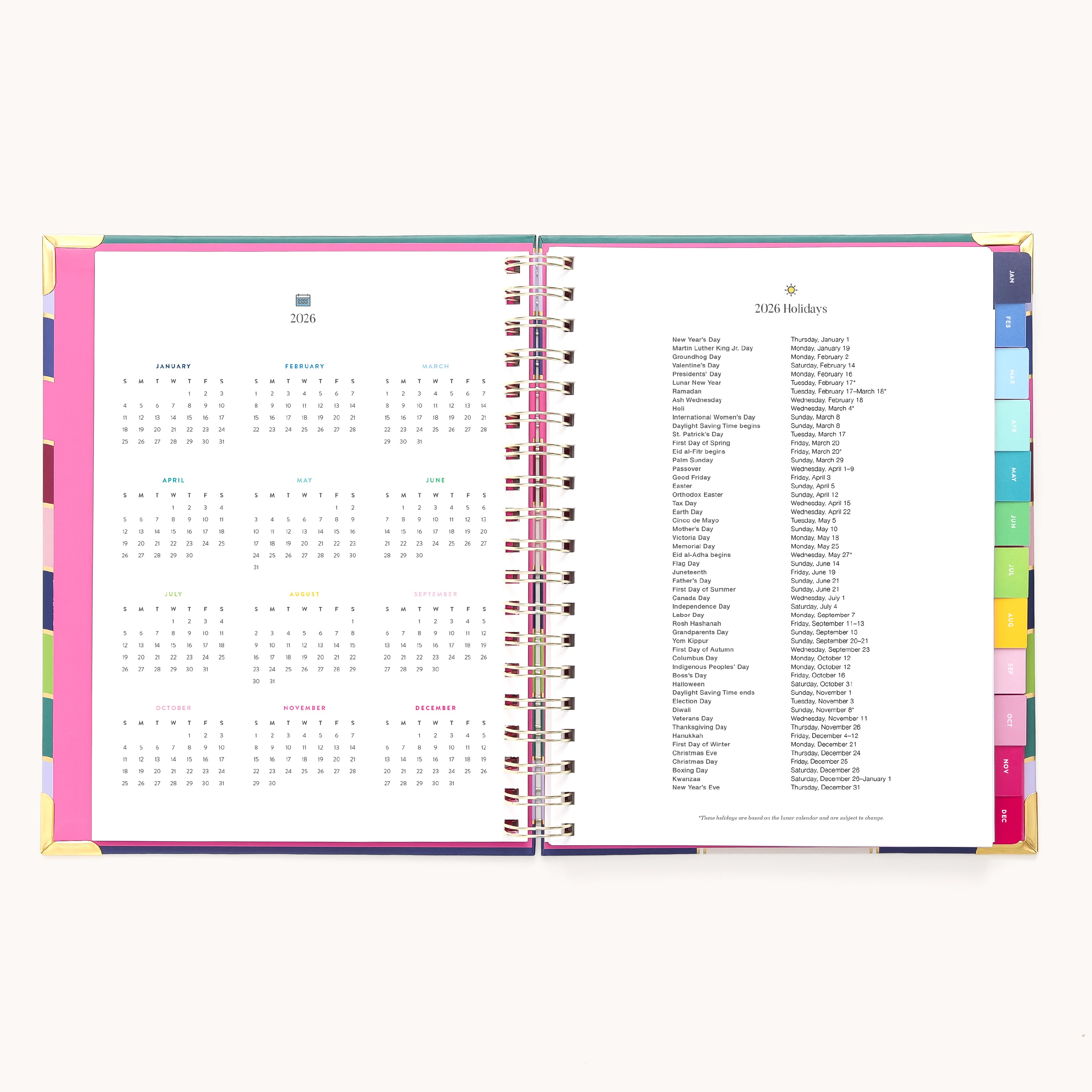 The Simplified 2026 Spiral Weekly Simplified Planner - Rainbow Row features a full calendar on the left page, 2026 holidays on the right, and colorful tab dividers for a vibrant, practical touch.