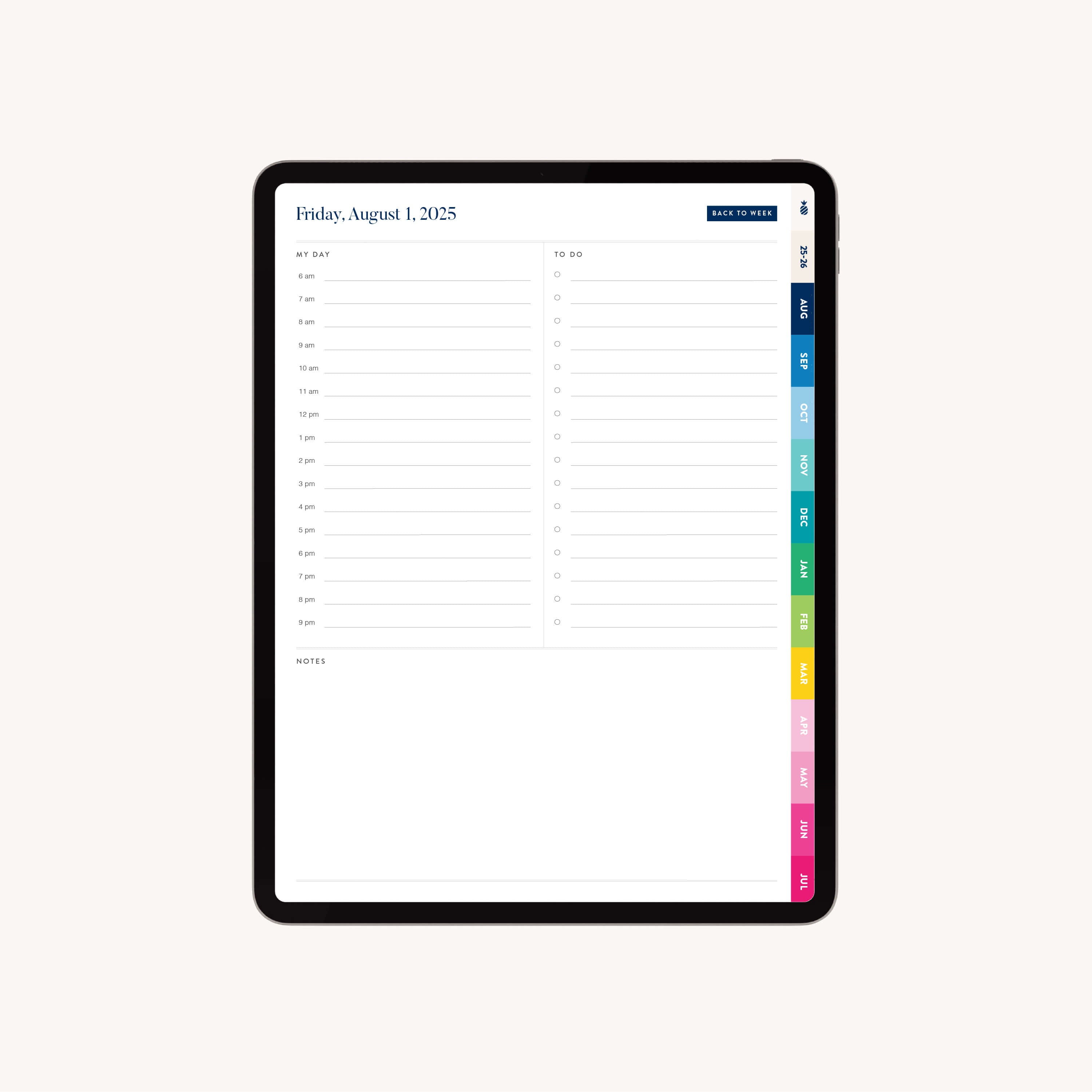 The 2025-2026 Digital Simplified Planner by Simplified is shown on an iPad screen, featuring hourly schedules, a to-do list, notes sections, and colorful monthly tabs on the right side for easy organization.
