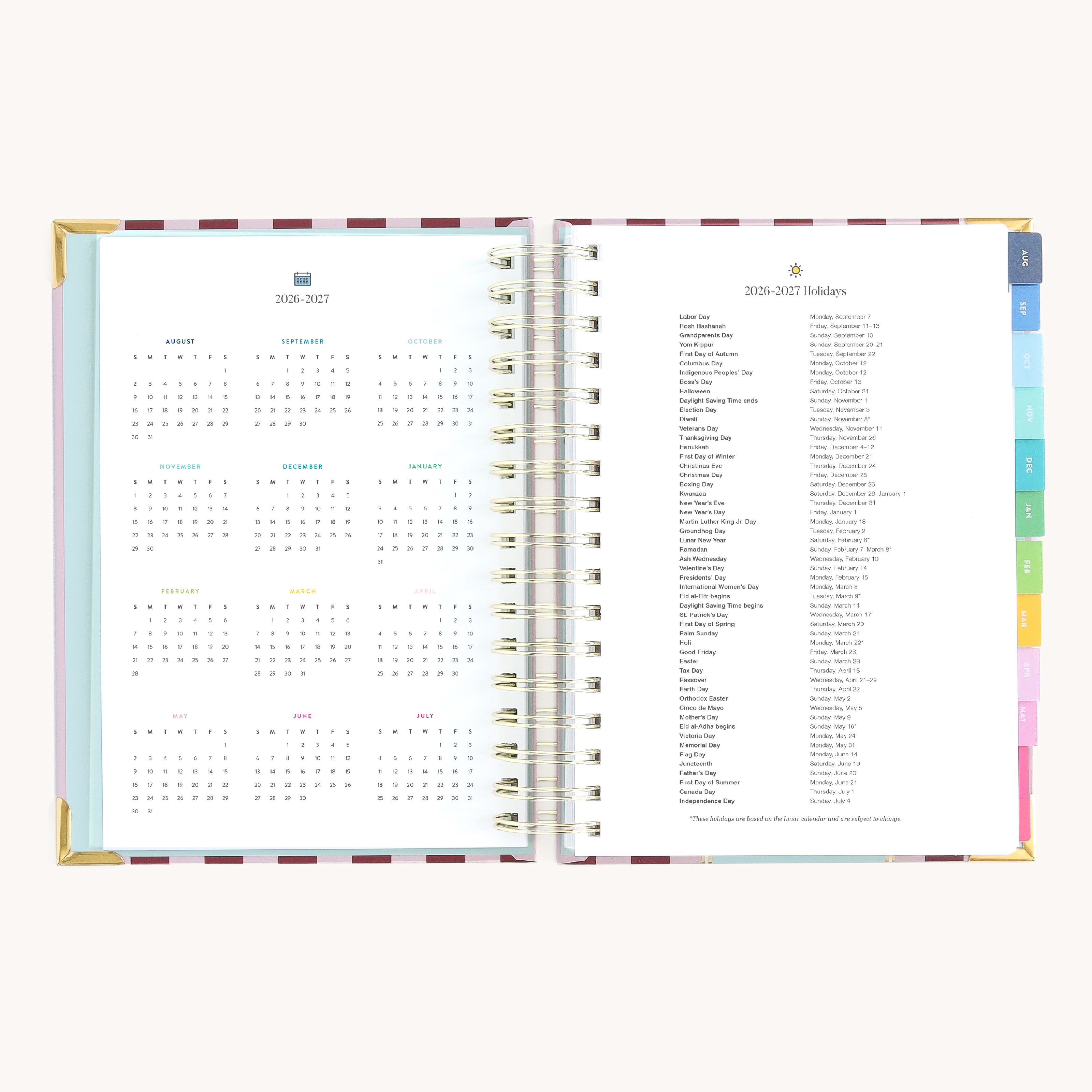 yearly overview and holidays page for 2026–2027 with clean layout for long-term planning and important dates