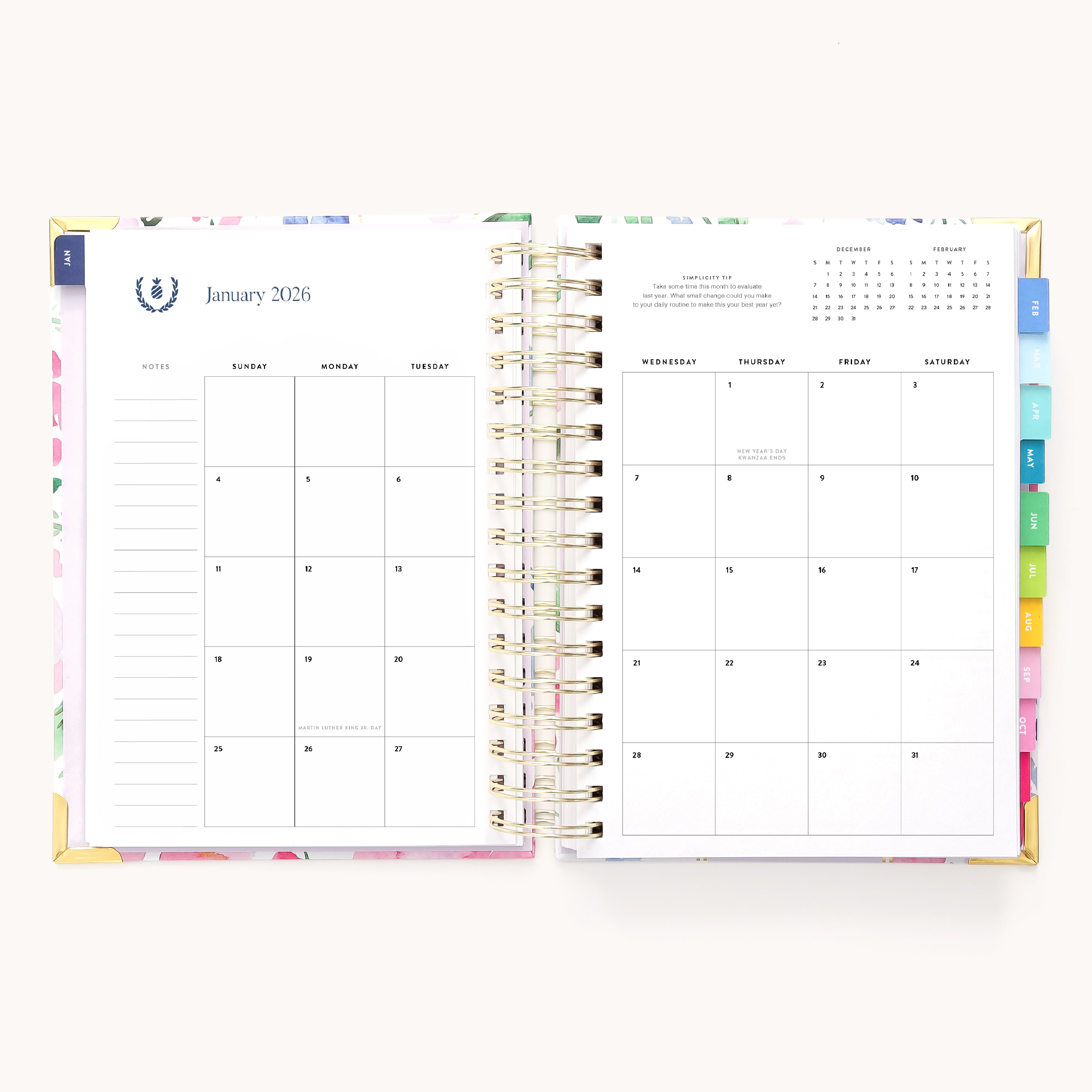 The Simplified 2026 Spiral Daily Simplified Planner - Cottage Floral displays a January 2026 calendar, right-side monthly tabs, and a left notes section. Its clean layout is ideal for efficient planning on a light background.