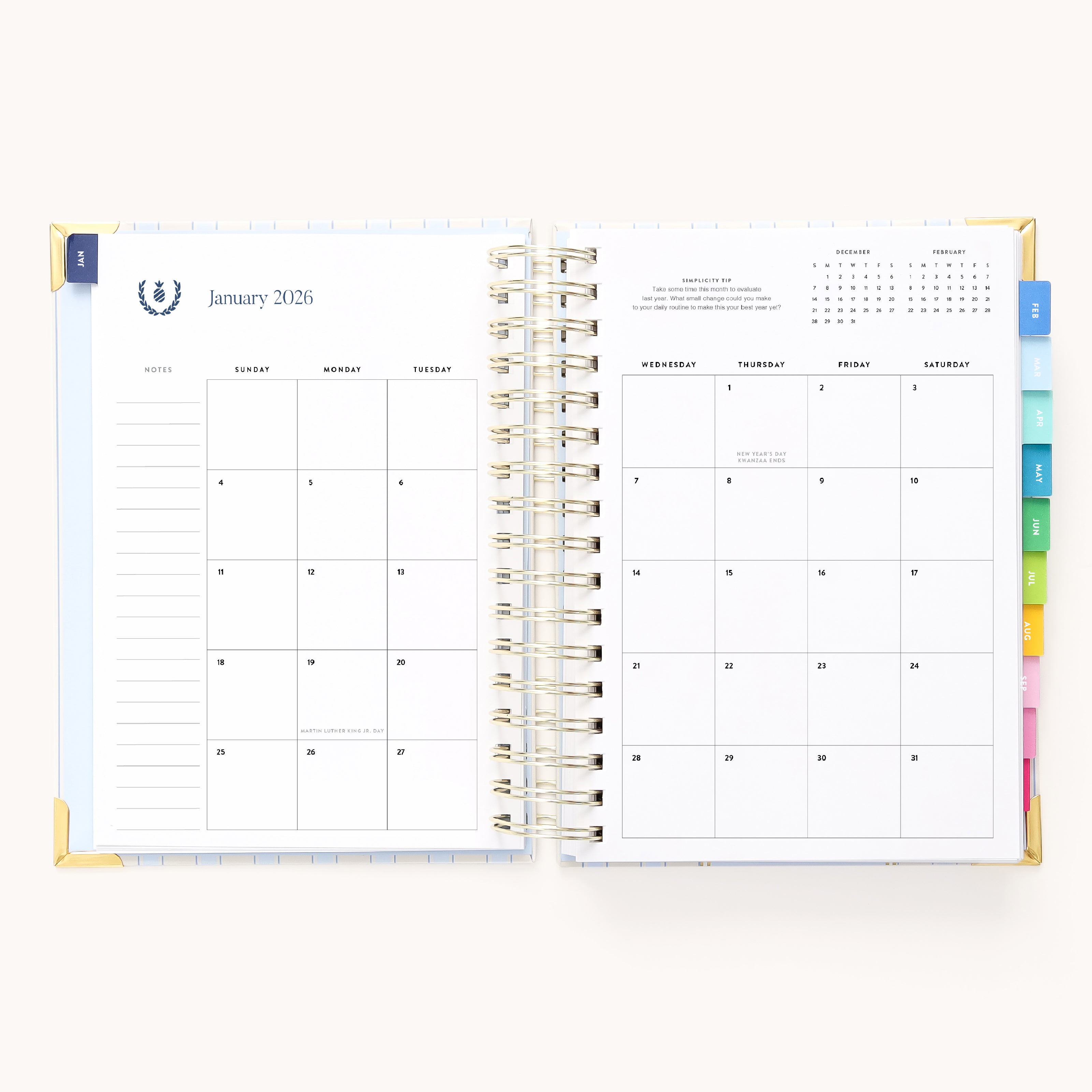 The 2026 Spiral Daily Simplified Planner – Serene Stripe by Simplified displays January’s monthly calendar on the left and extra writing space with monthly tabs on the right, featuring a clean, organized, minimal design.