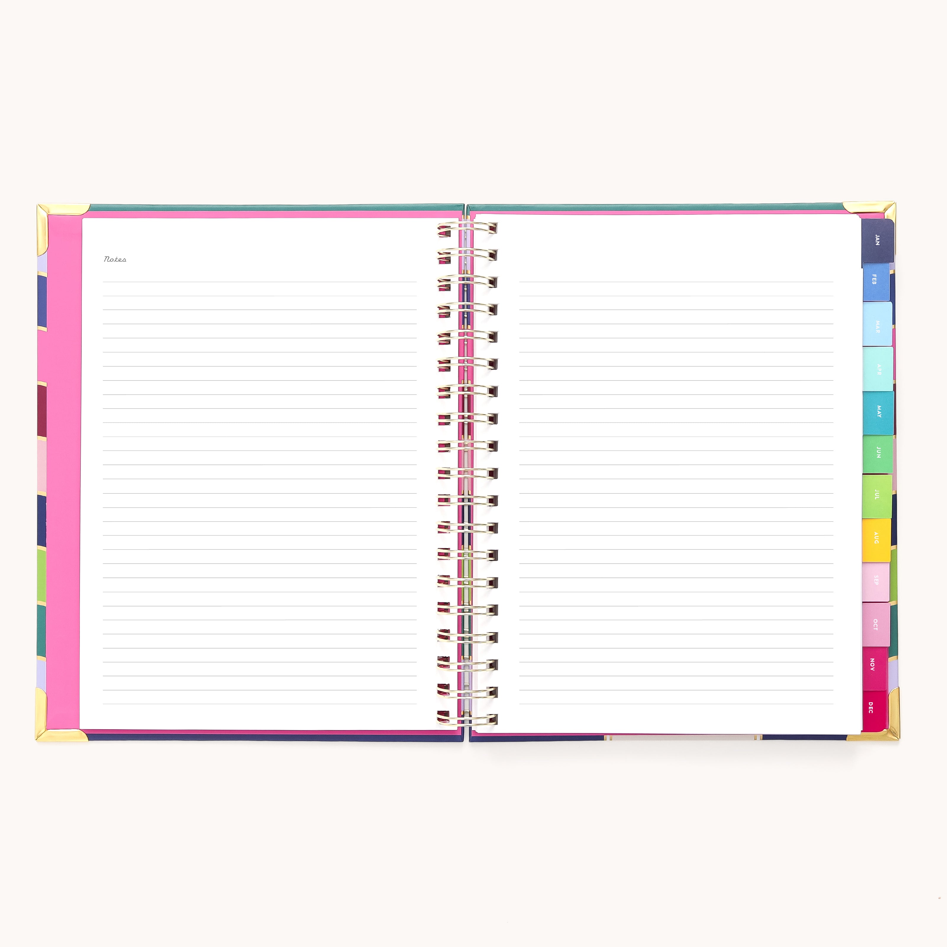 The 2026 Spiral Weekly Simplified Planner - Rainbow Row by Simplified lies flat open, showing lined pages with colorful tab dividers and a small Notes heading—perfect for organizing your week.
