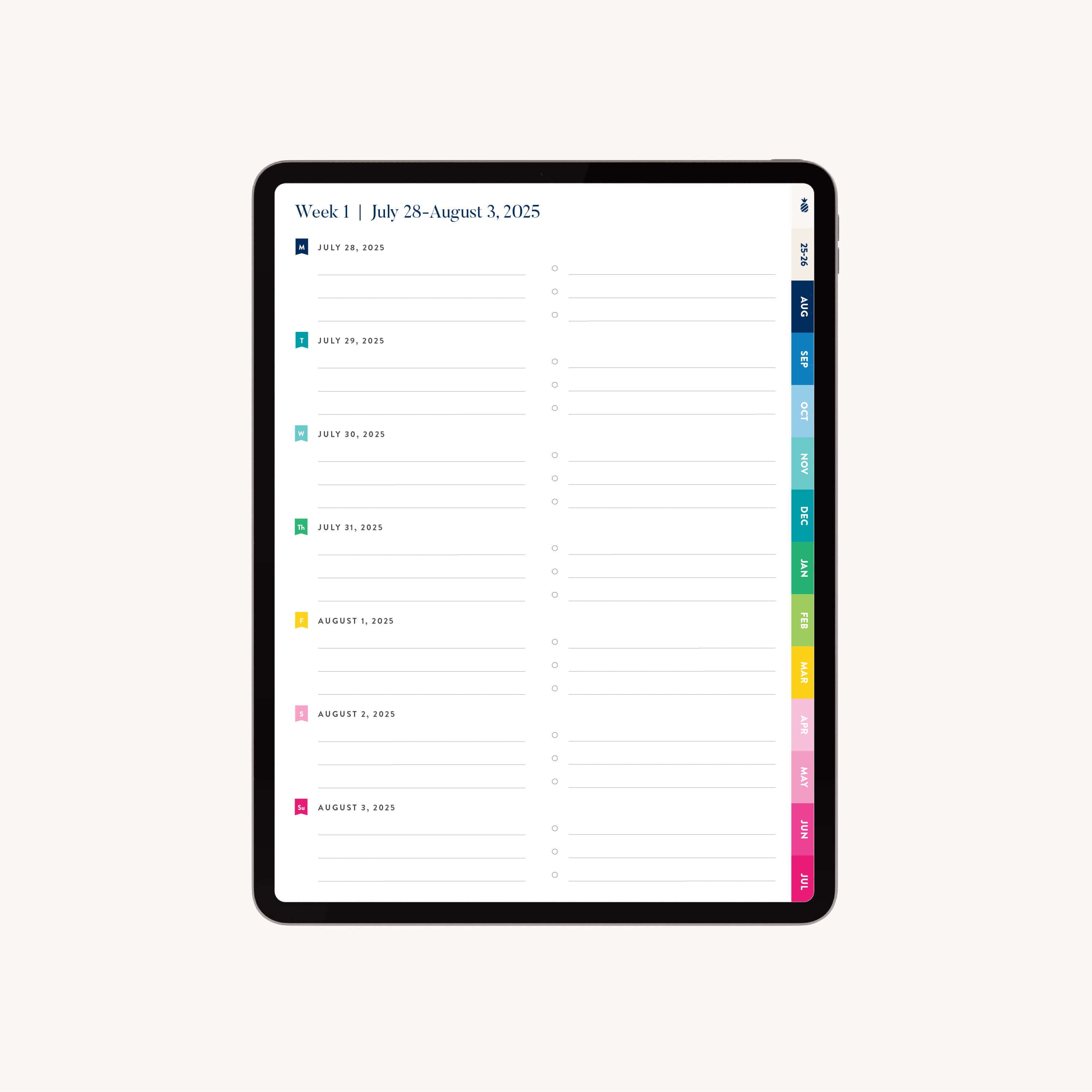The 2025-2026 Digital Simplified Planner by Simplified, shown on an iPad, features daily sections from July 28 to August 3, 2025, with color-coded labels for easy organization—ideal for fans of Emily Ley planners in a digital format.