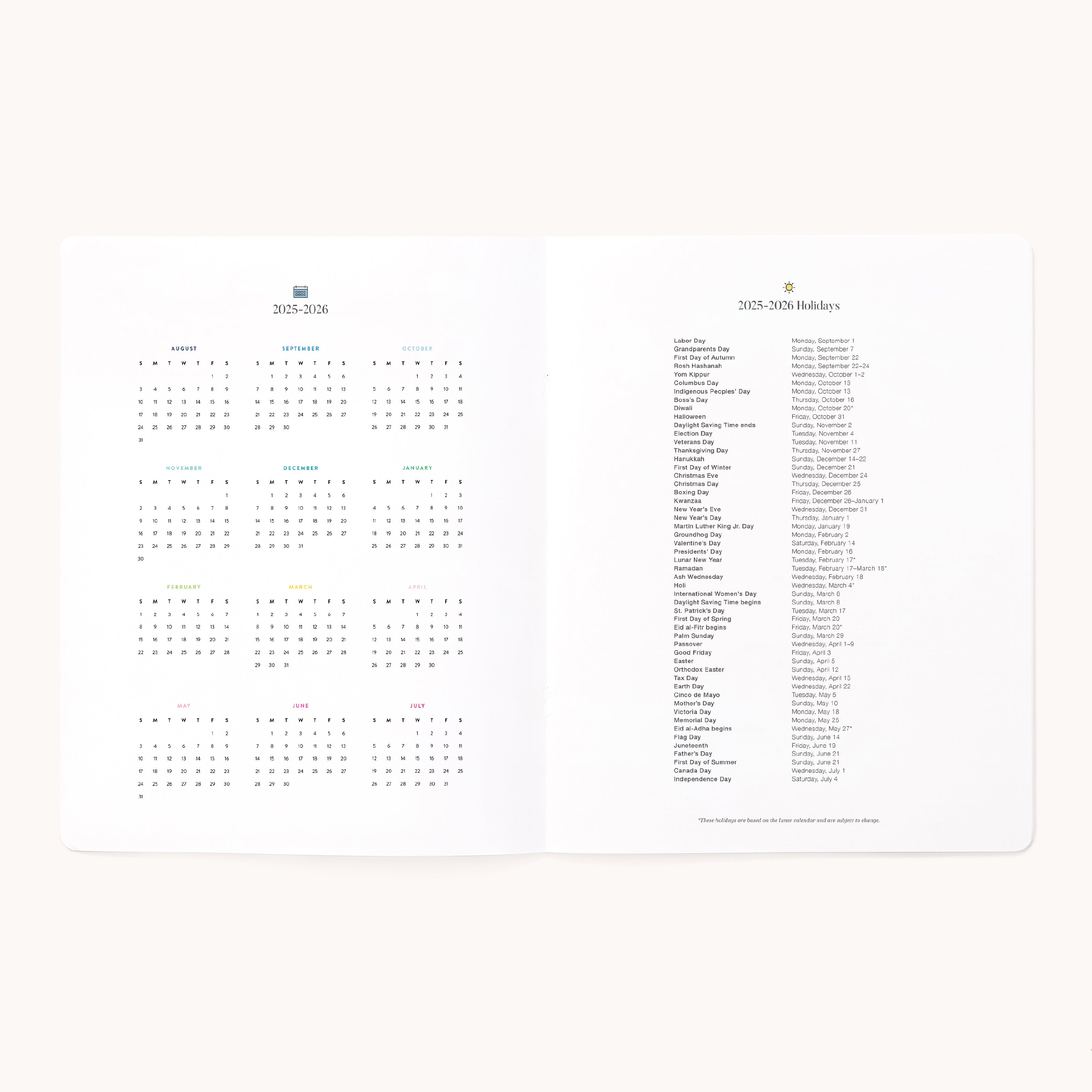 The 2025-2026 Softcover Monthly Simplified Planner by Simplified has a clean, minimal layout with a 12-month grid format for 2025 on the left and holidays for 2025-2026 on the right. It features black text on a white background to emphasize organization.