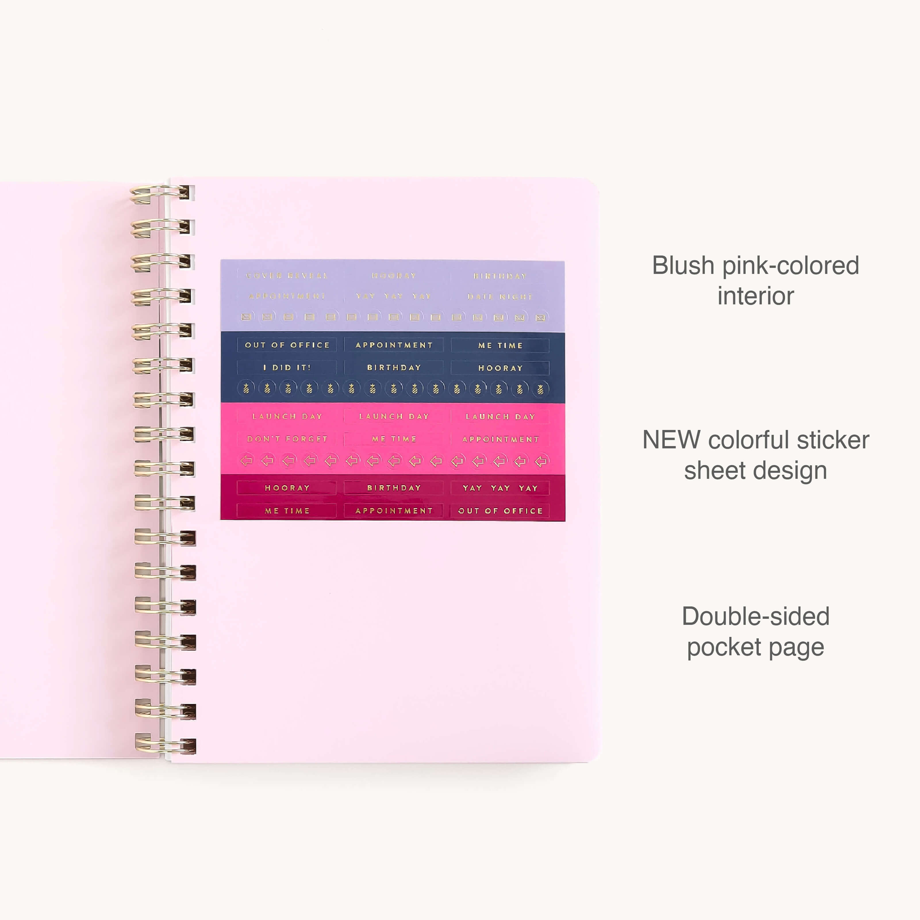 Check out the Simplified 2025-2026 Softcover Weekly Planner in Happy Stripe featuring rectangular stickers on the right in purple, blue, and pink labeled APPOINTMENT, TO DO, and ME TIME. The left page is blank for prep work.