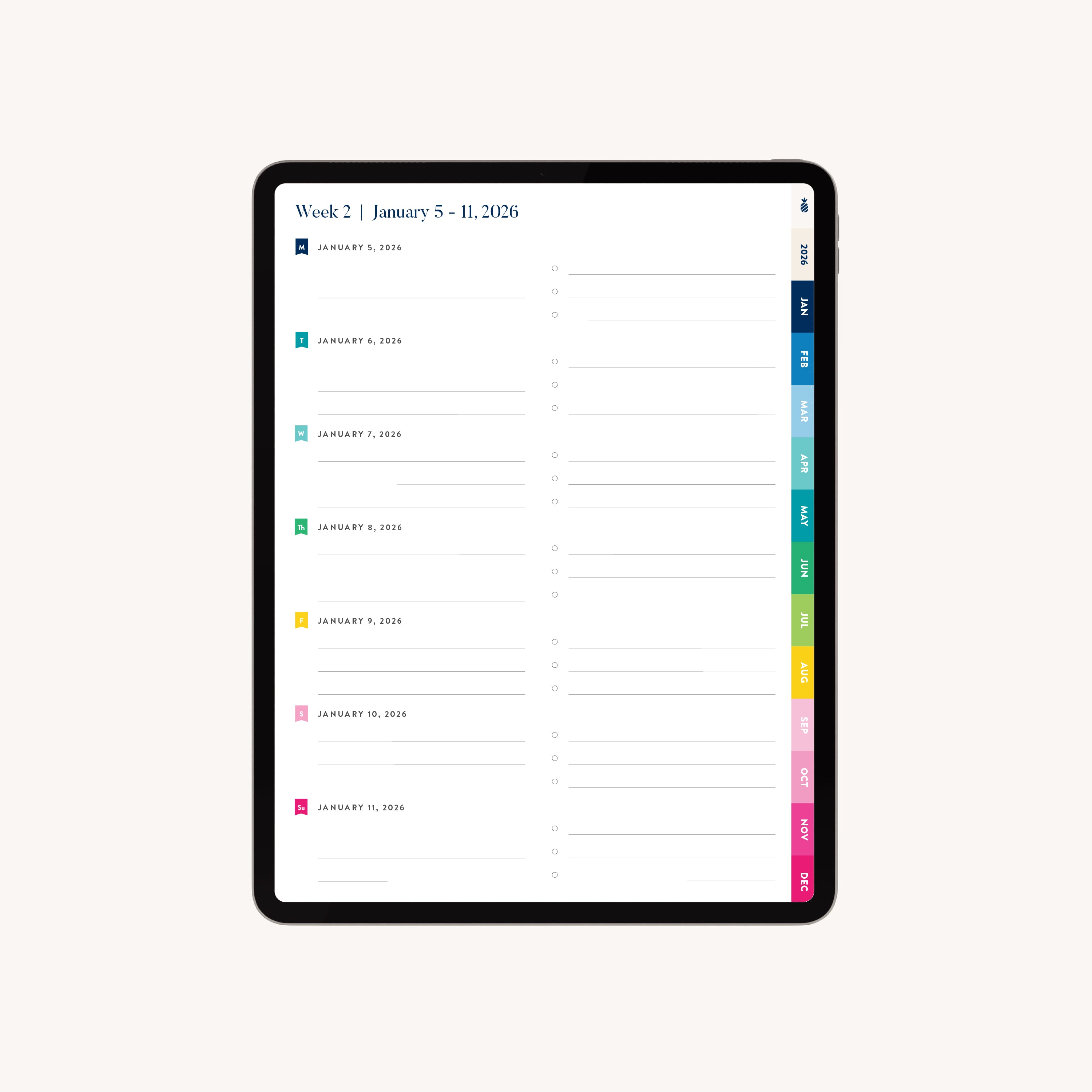 The Simplified 2026 Digital Simplified Planner for iPads shows January 5–11 with daily columns, note space, and color-coded edges on an off-white background—ideal as a PDF planner for Goodnotes.