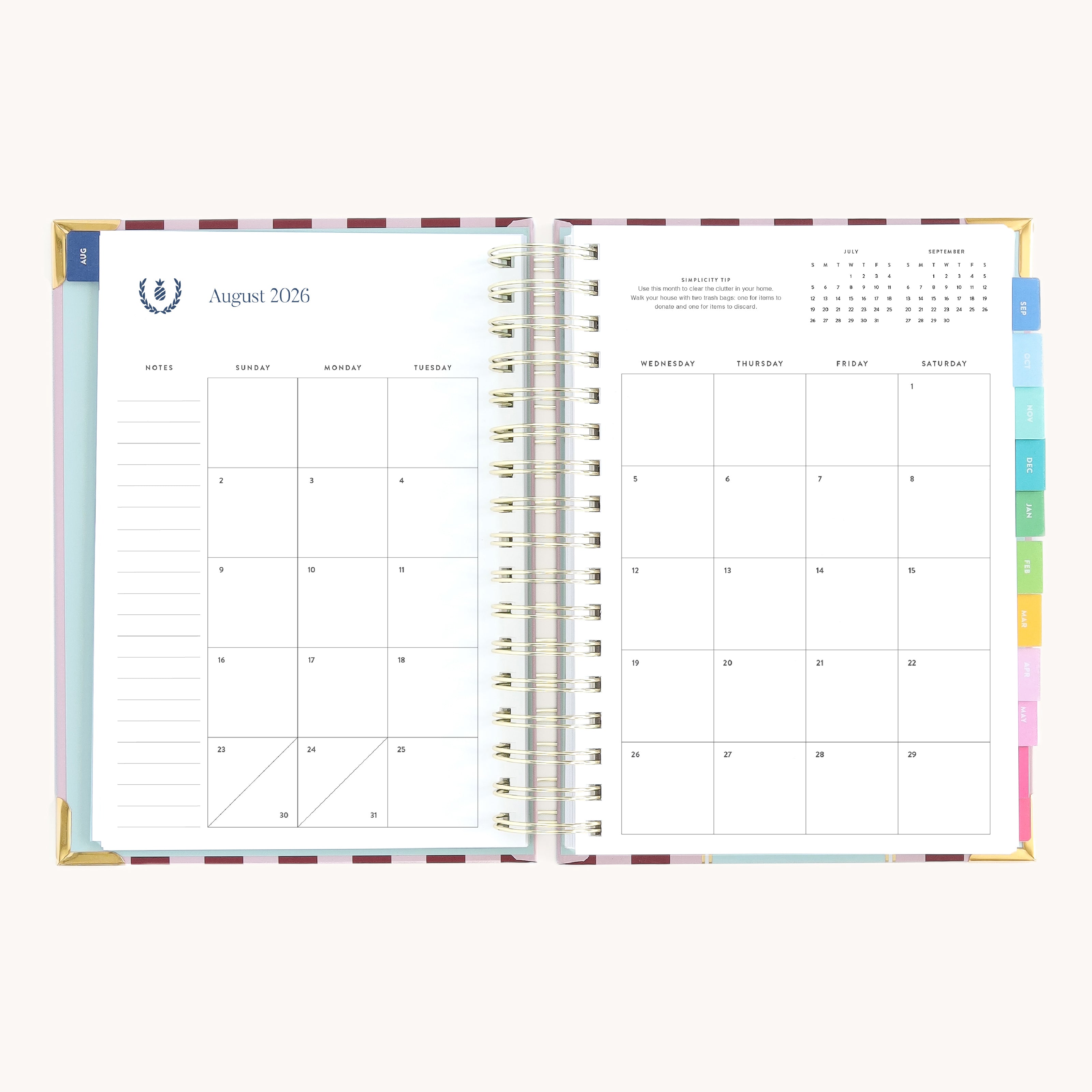 August monthly spread in spiral daily planner with clean calendar grid for scheduling, goal setting, and simplified planning