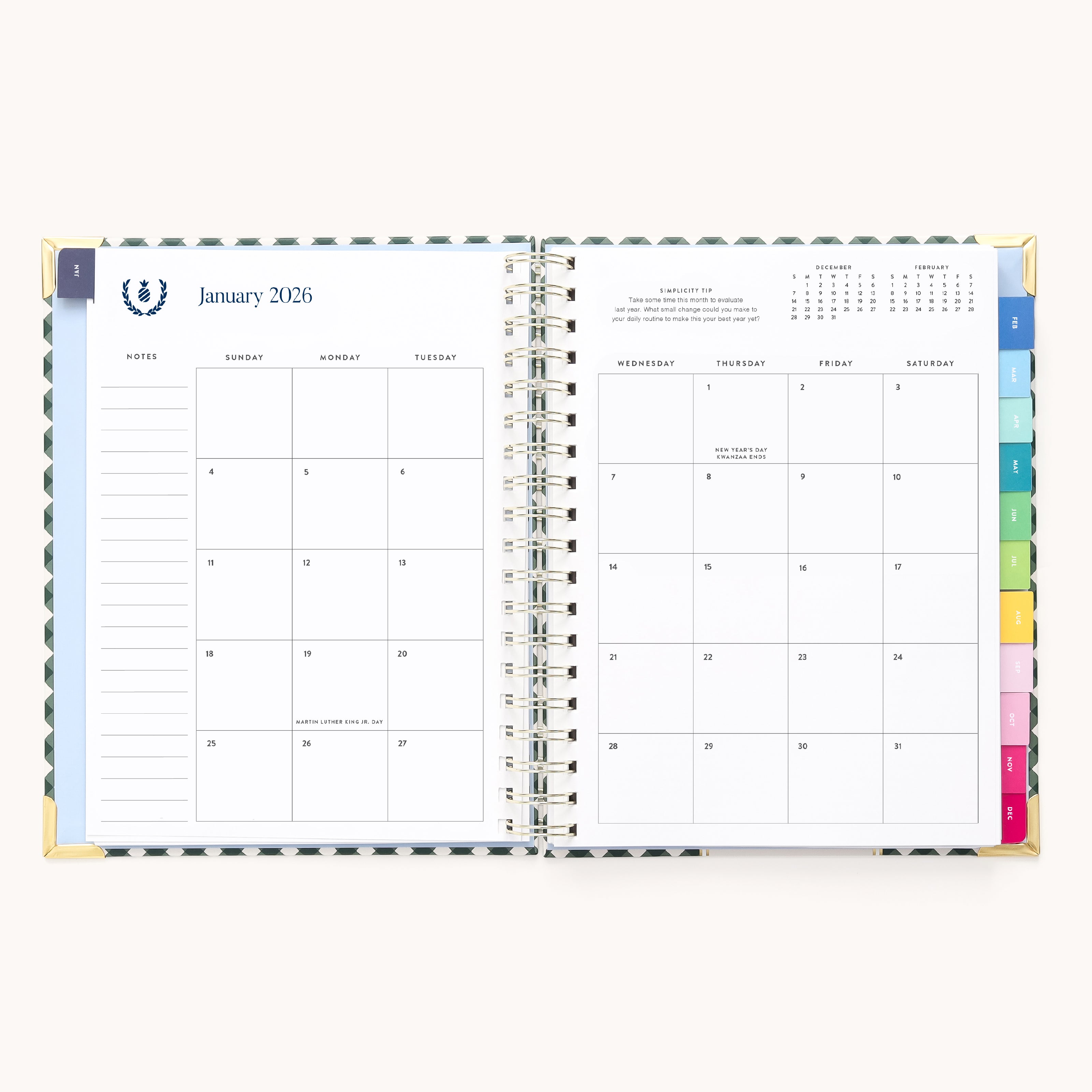 The 2026 Spiral Weekly Simplified Planner - Camp Gingham by Simplified displays a January 2026 calendar on the left and a lined notes section with colored tab dividers on the right, featuring a clean, minimal design.
