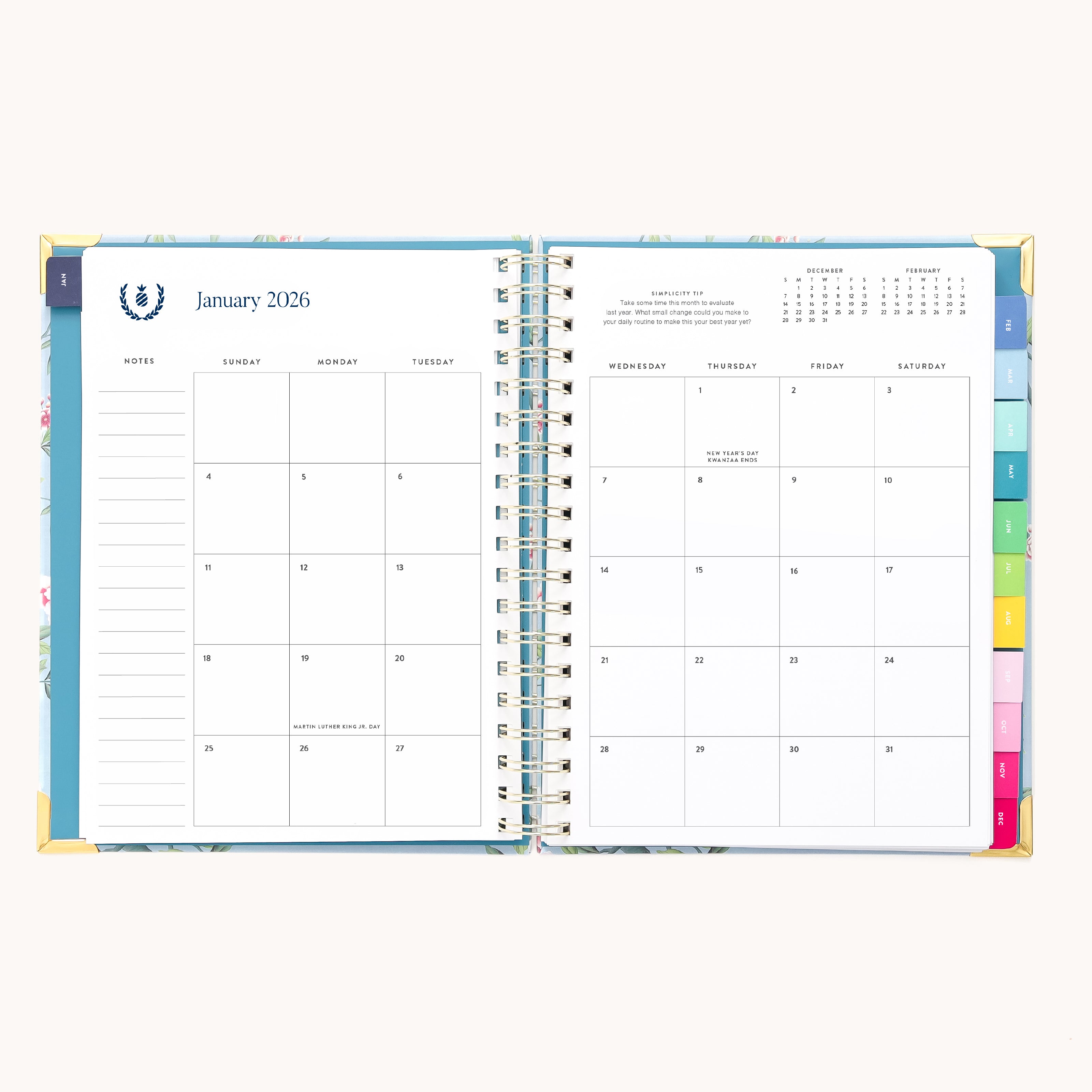 The 2026 Spiral Weekly Simplified Planner - Faraway Land by Simplified features a January 2026 monthly calendar on the left and a weekly planner with notes on the right, plus colorful tabs for easy organization—combining function and style.