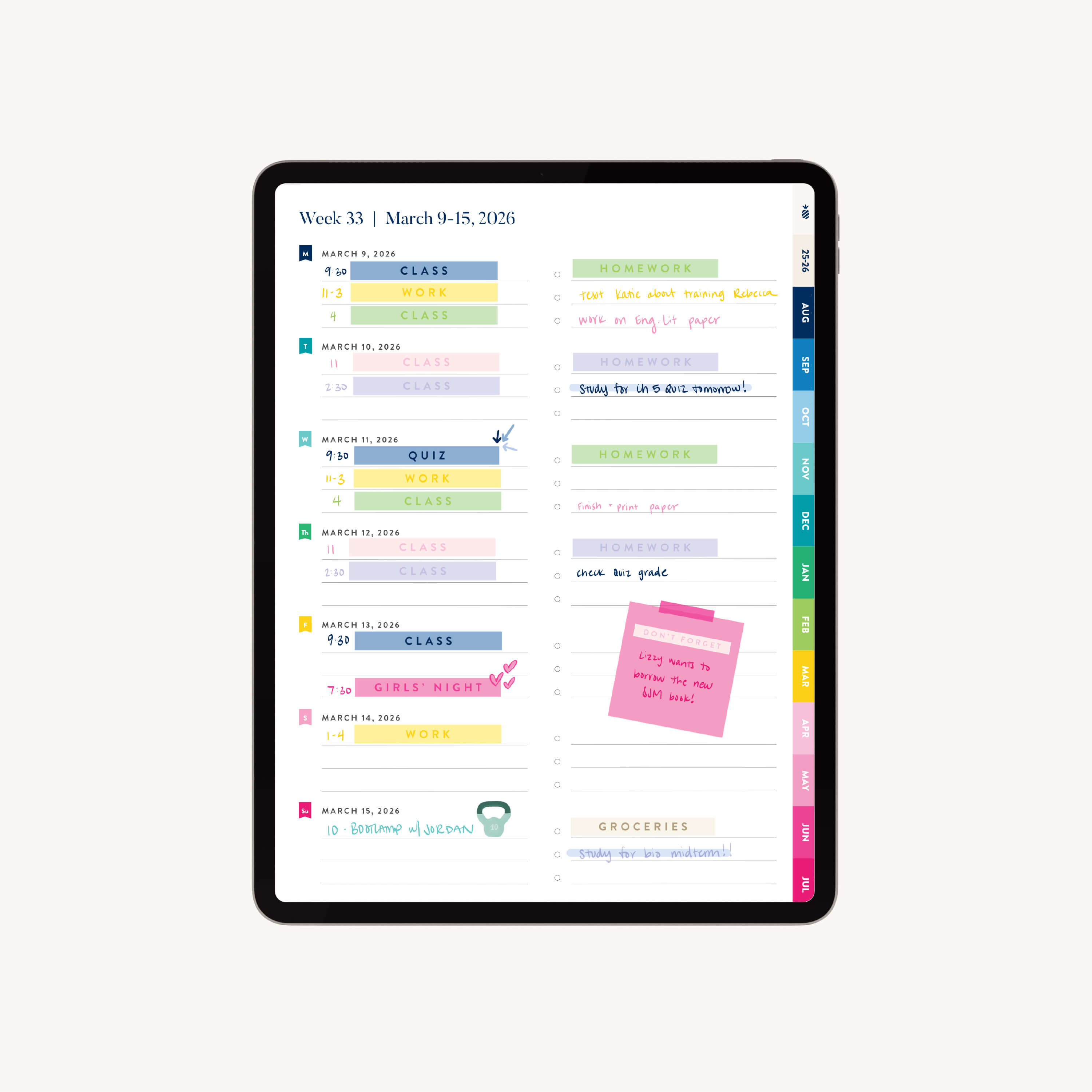 The Simplified 2025-2026 Digital Simplified Planner for iPads displays March 9–15, 2026, with color-coded events, assignment notes, reminders, to-do lists, and grocery items in handwritten and sticky note styles.