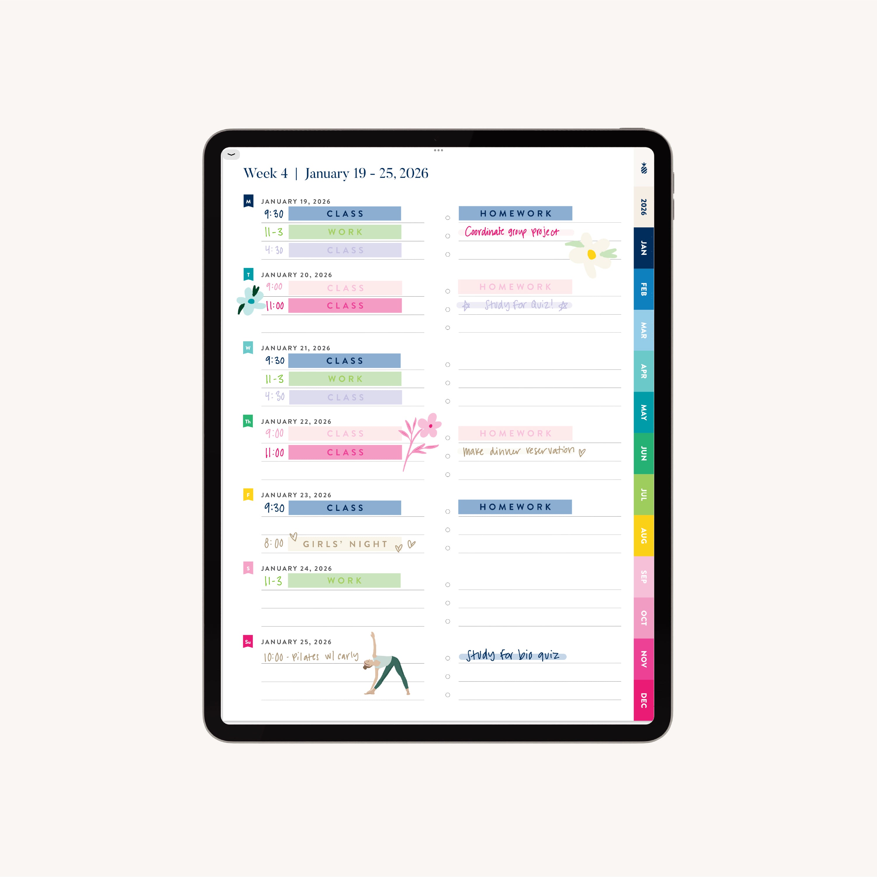 The 2026 Digital Simplified Planner by Simplified for iPads shows a color-coded weekly schedule (Jan 19–25) with sections for class, work, homework, and notes—ideal as a Goodnotes PDF planner with decorative graphics and tabbed dividers.