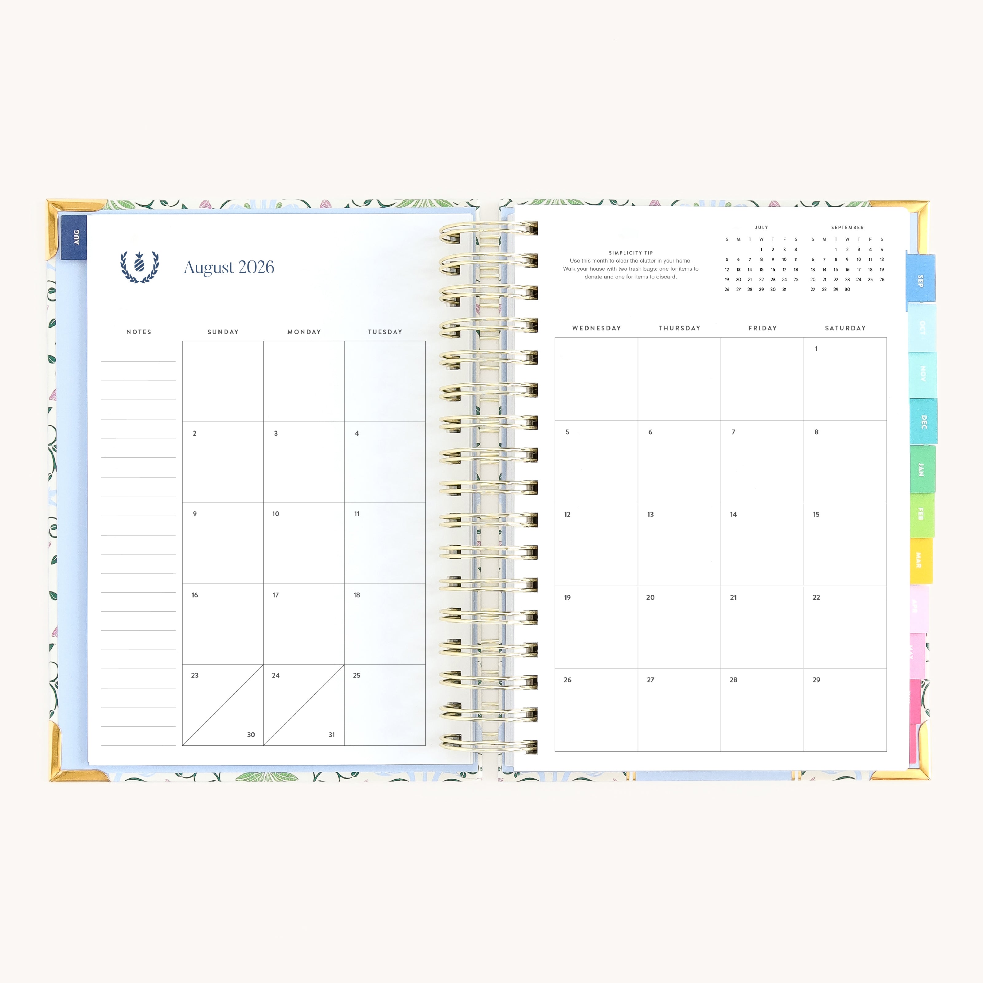 August monthly spread in spiral daily planner with clean calendar grid for scheduling, goal setting, and simplified planning