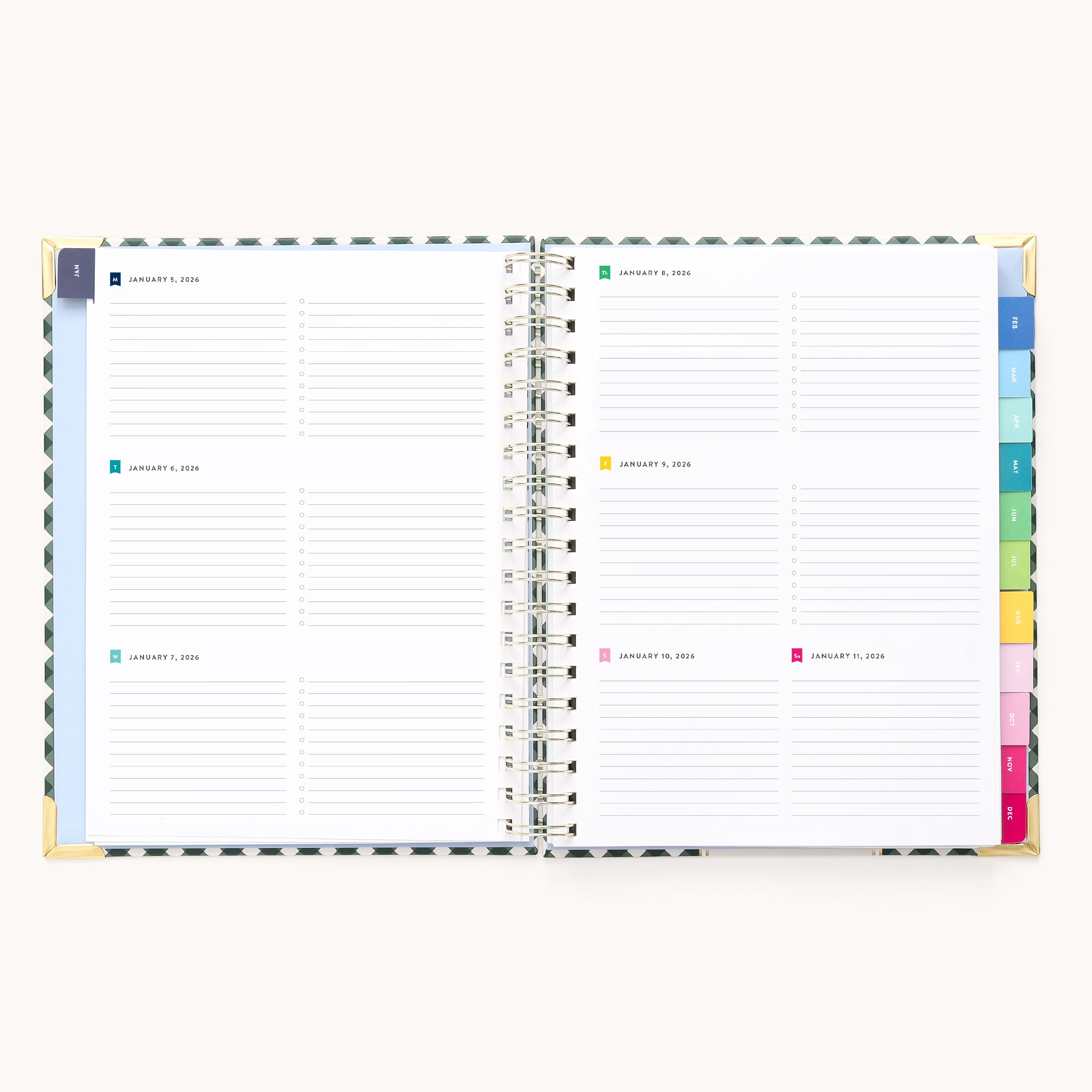 An open 2026 Spiral Weekly Simplified Planner – Camp Gingham by Simplified, featuring lined daily sections, colorful tab dividers, a patterned cover with gold corners, and weekly pages dated January 1–7.