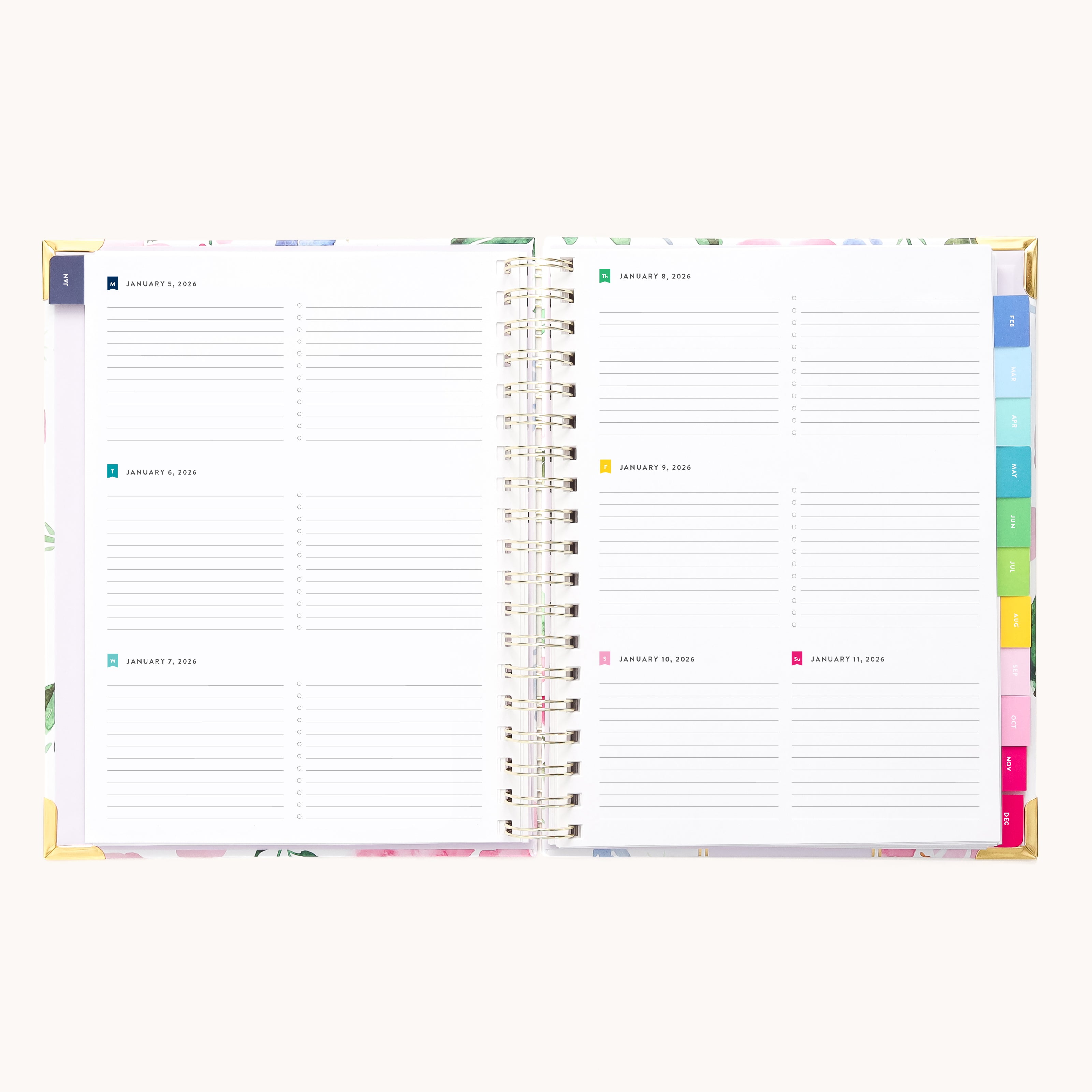 The 2026 Spiral Weekly Simplified Planner – Cottage Floral by Simplified features lined weekly spreads, multicolored tabs along the edge, and gold accents on the cover—an inspiring choice for your year ahead.