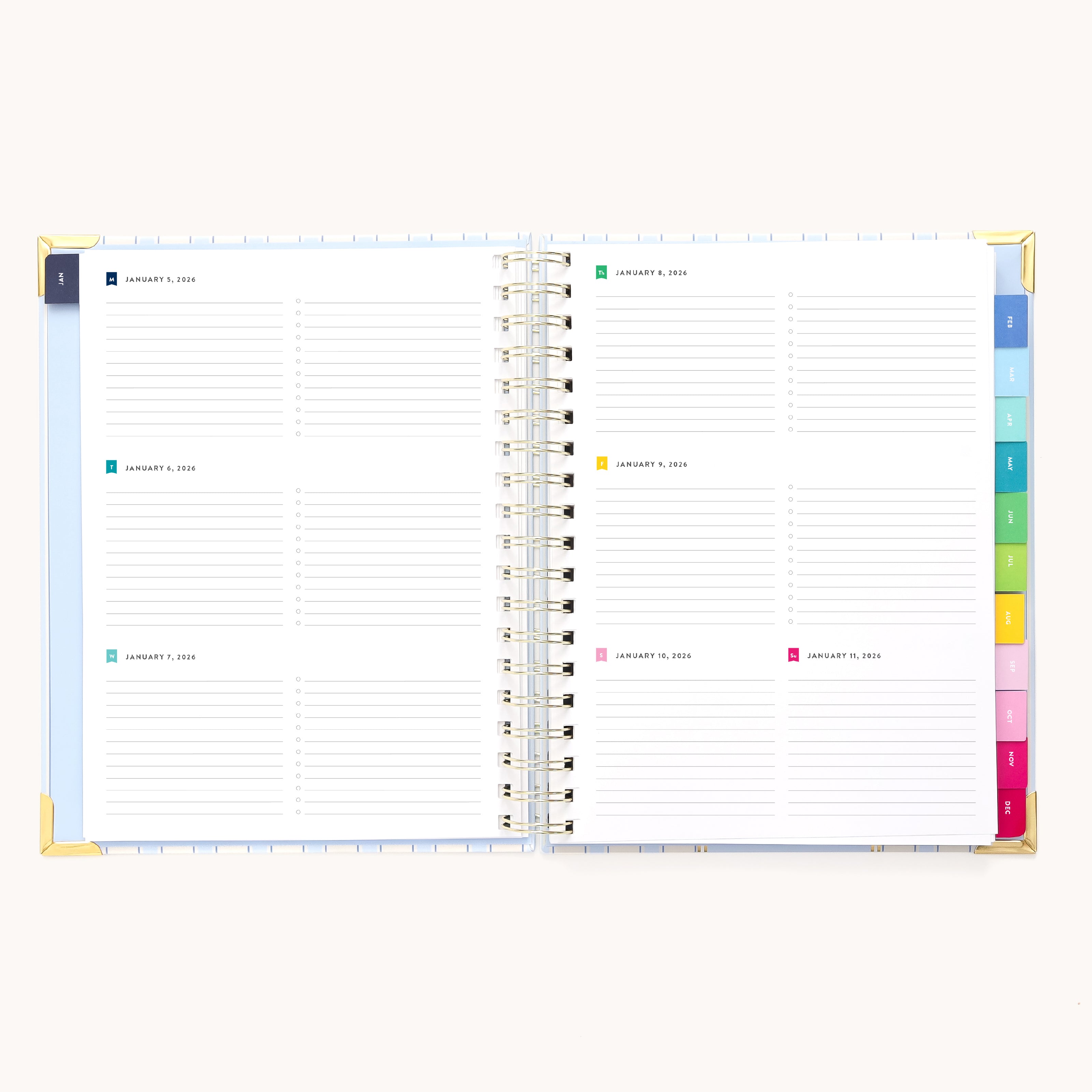 The 2026 Spiral Weekly Simplified Planner - Serene Stripe by Simplified features open pages with dated weekly spreads, lined sections for each day, and colorful tabbed dividers marking each month along the right edge of this 12-month planner.
