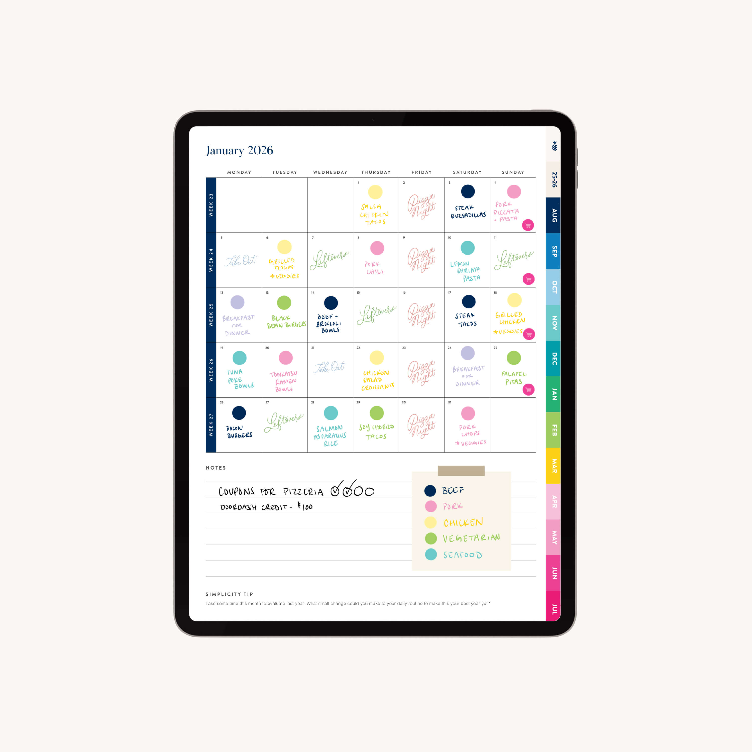 The 2025-2026 Digital Simplified Planner by Simplified, shown on an iPad, includes a January 2026 monthly calendar with color-coded events, handwritten notes, and a legend for “Work,” “Personal,” and “School” categories.
