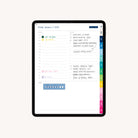 The 2026 Digital Simplified Planner by Simplified is shown on an iPad, featuring a schedule, to-do list, weather icons, meal plan, notes with water tracker, and color-coded section tabs on the right.
