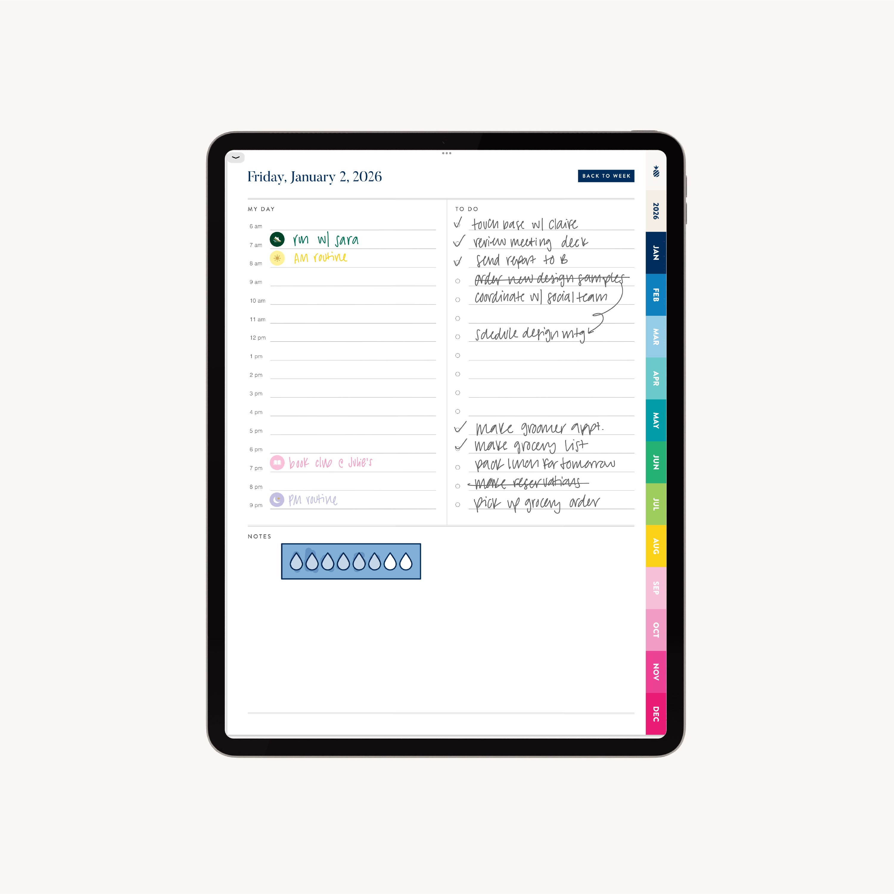 The 2026 Digital Simplified Planner by Simplified is shown on an iPad, featuring a schedule, to-do list, weather icons, meal plan, notes with water tracker, and color-coded section tabs on the right.