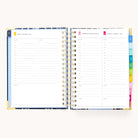 An open 2026 Spiral Daily Simplified Planner - Poppy Posies by Simplified shows daily pages with hourly slots for January 5–7, 2024. Colored tabs organize sections in this planner.